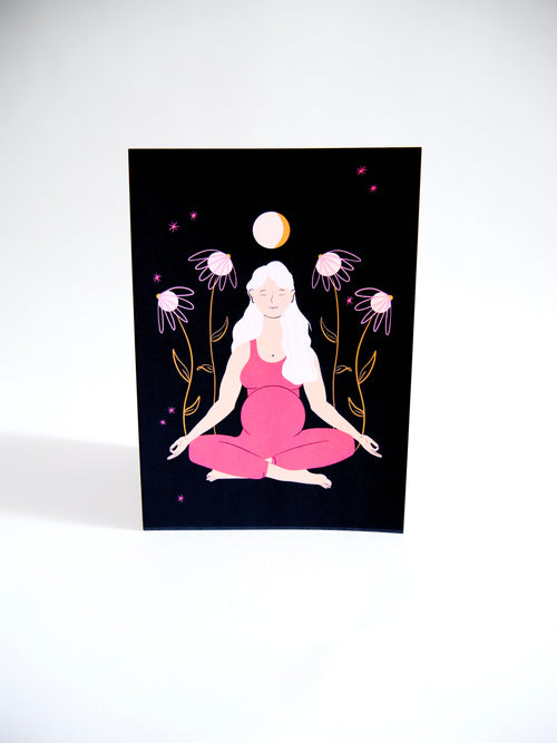 "Meditating Mama" Eco Recycled Greeting Card w. Hand-Drawn Art of Pregnant Person in Meditation Yoga Pose + Recycled Envelope, Blank inside