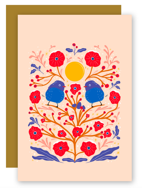 "Fuzzy Birds in the Bush" Adorable Greeting Cards with Fluffy Pair + Matching Envelope - Assorted (Winter Wishes / Words of Love)