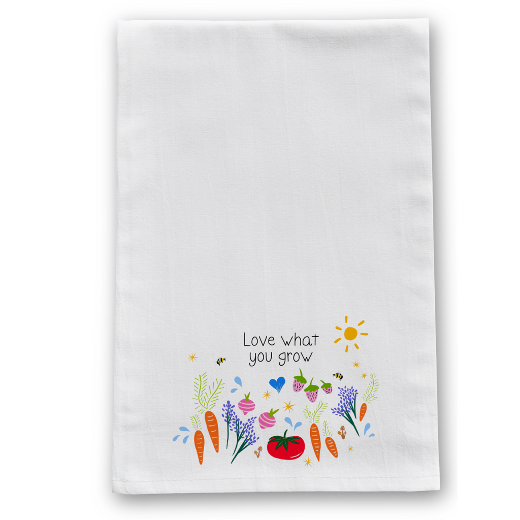 100% Organic Cotton "Grow & Bloom" Kitchen Tea Towels w. Hand-drawn Adorable Art (Assorted)