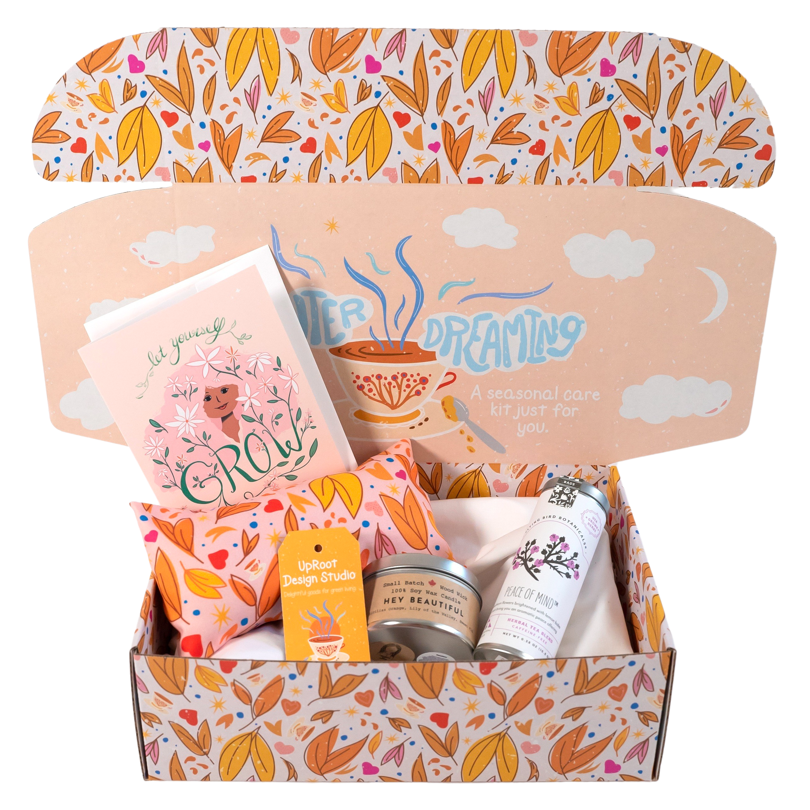 Encouragement Gift Box: Lavender Eye Pillow, Floral Tea, Honey, "Hey Beautiful" Candle, and Greeting Card (Natural Comforts / Winter Dreaming)