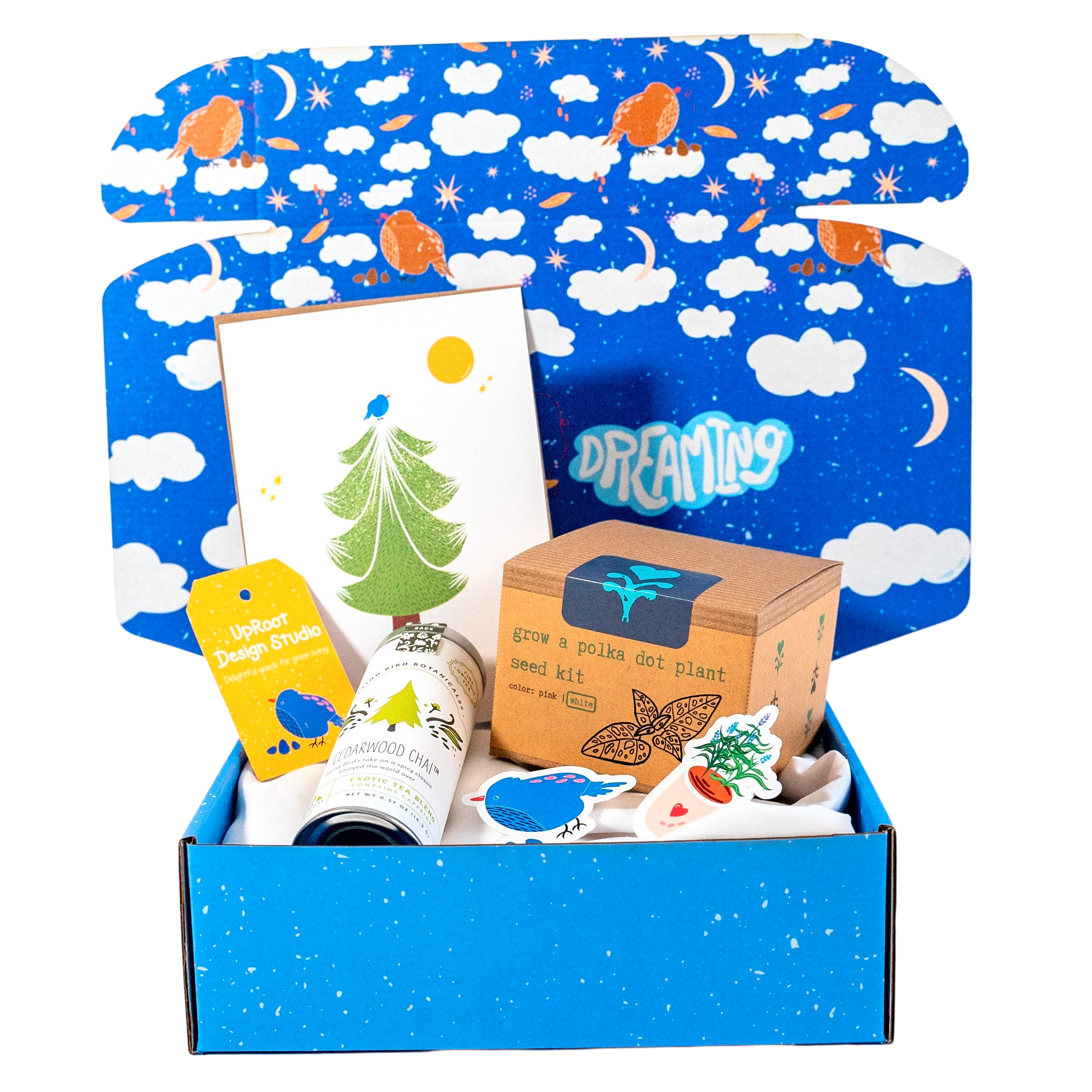 "Jolly Greenhouse" Gift Box: Mint Tea, Honey, Card, Minijournal, Sticker, White Polka-Dot Plant Growing Kit (Winter Dreaming)