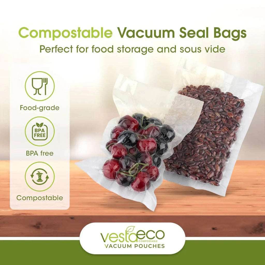 VestaEco Compostable Chamber Vacuum Seal Pouches, 8" × 12" Quart Size (QTY 100), SKU 218112