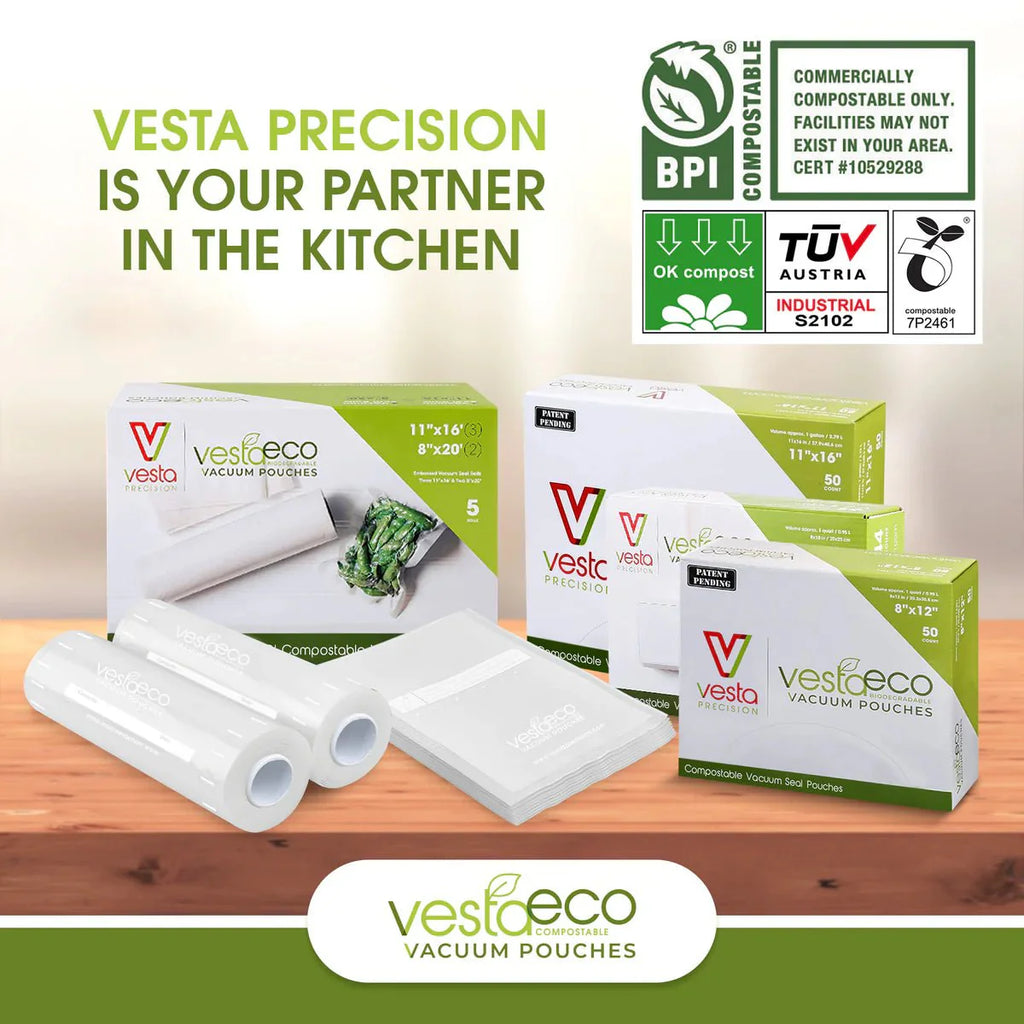 VestaEco 6 x 10 in Compostable Chamber Vacuum Seal Pouches, Pint Size, 3 Mil, 100 Bags (QTY 100), SKU 218111