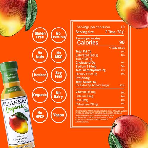 Briannas - Organic Mango Vinaigrette Dressing - Certified Organic & Kosher Salad Dressing Made With Premium Ingredients - 10 Oz. Bottle