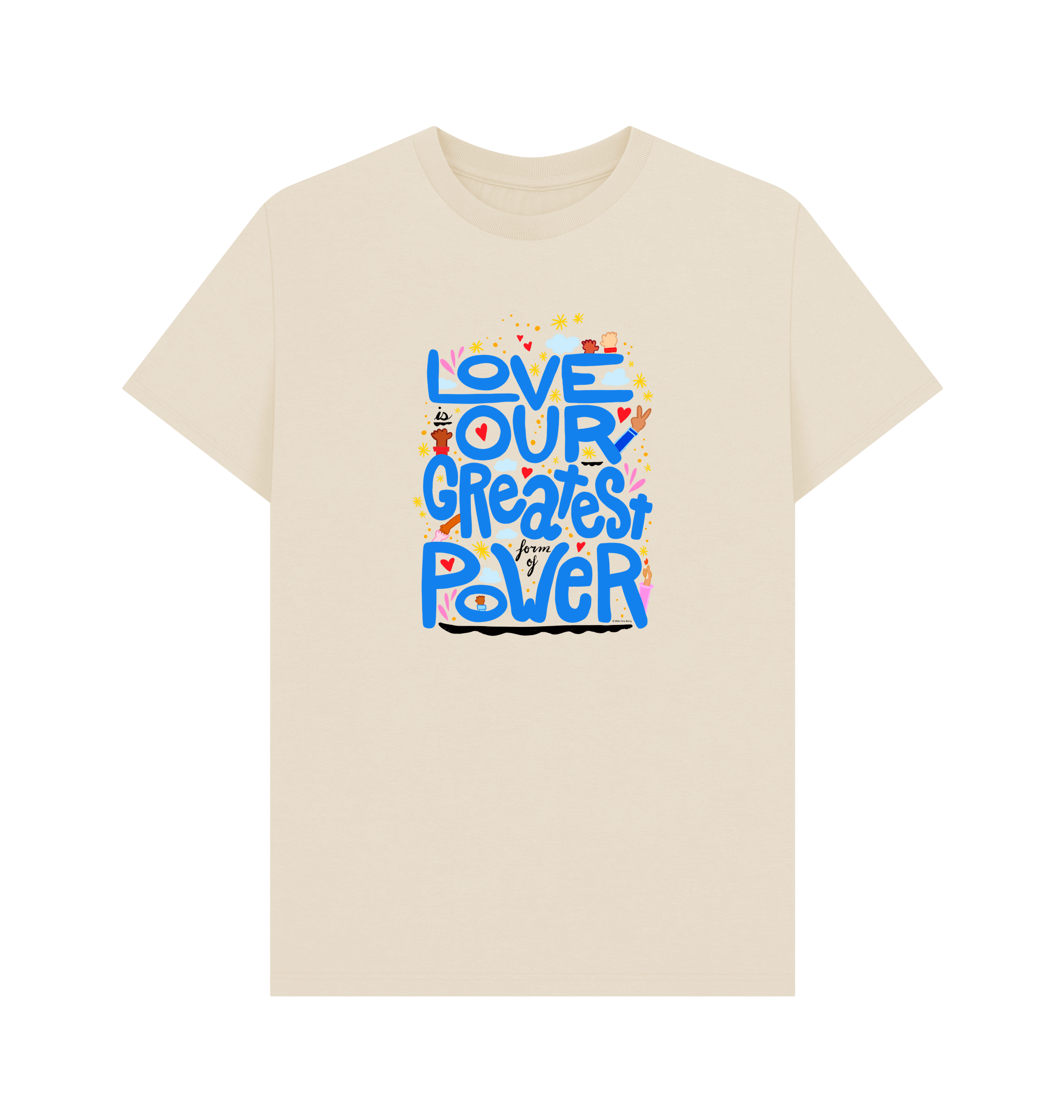 "Love is Our Greatest Form of Power" Organic Cotton Eco T-Shirt (Adult - Blue Text - Assorted Light Colors)