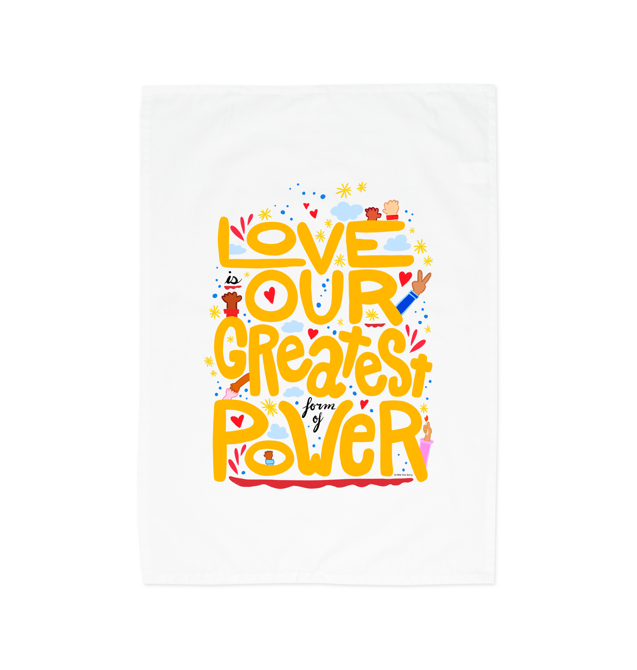 "Love is Our Greatest Form of Power" 100% Organic Cotton Eco Tea Towel (Yellow Text)