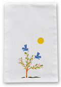 100% Organic Cotton "Breezy Spirit" Kitchen Tea Towels w. Hand-drawn Adorable Blue Pouf Bird, Tulips & Trees (Grow & Bloom)