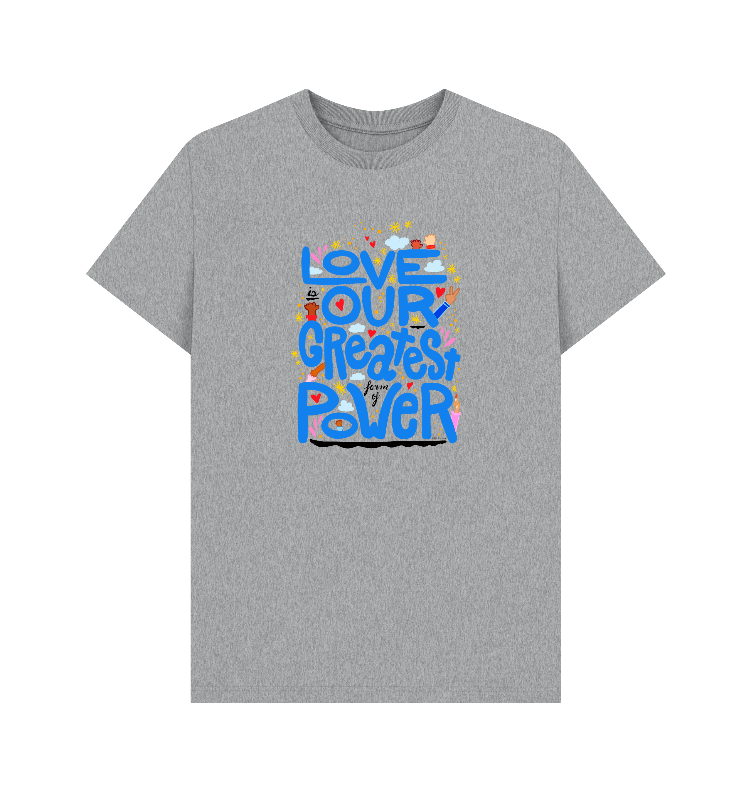 "Love is Our Greatest Form of Power" Organic Cotton Eco T-Shirt (Adult - Blue Text - Assorted Light Colors)