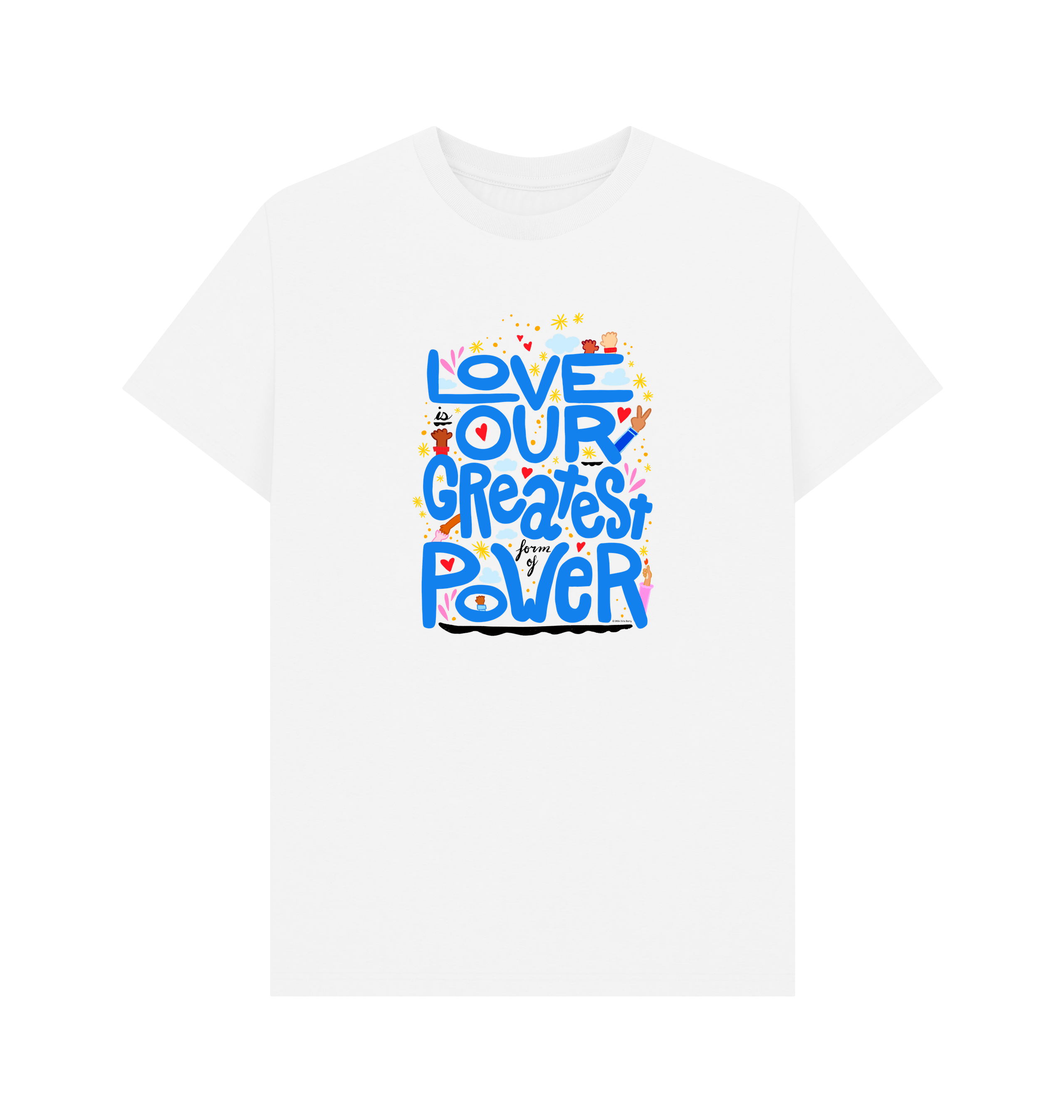 "Love is Our Greatest Form of Power" Organic Cotton Eco T-Shirt (Adult - Blue Text - Assorted Light Colors)