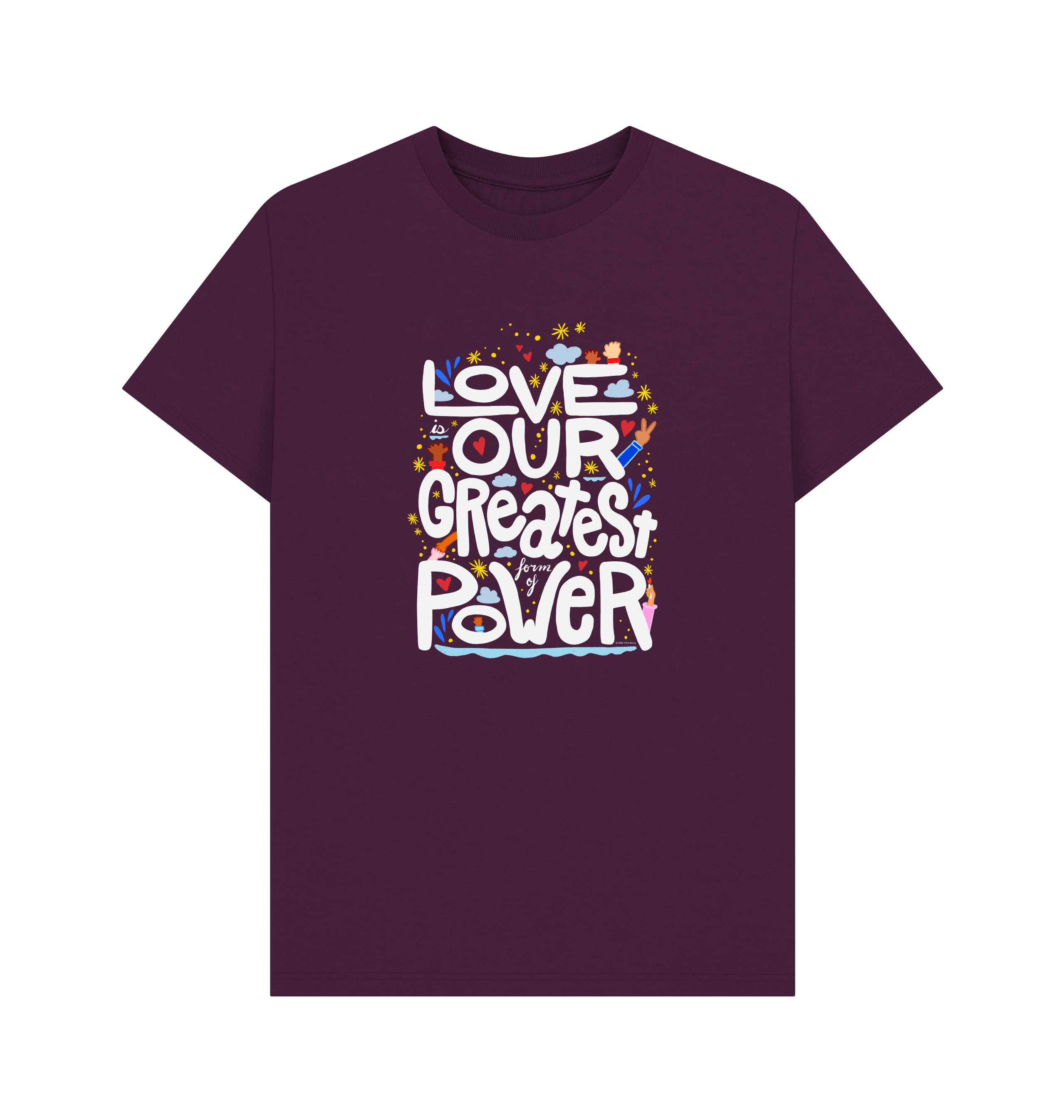 "Love is Our Greatest Form of Power" Organic Cotton Eco T-Shirt (Adult - White Text - Assorted Dark Colors)