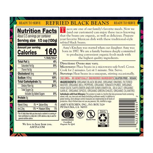 One 15.4 Oz Amys Organic Refried Vegetarian Black Beans