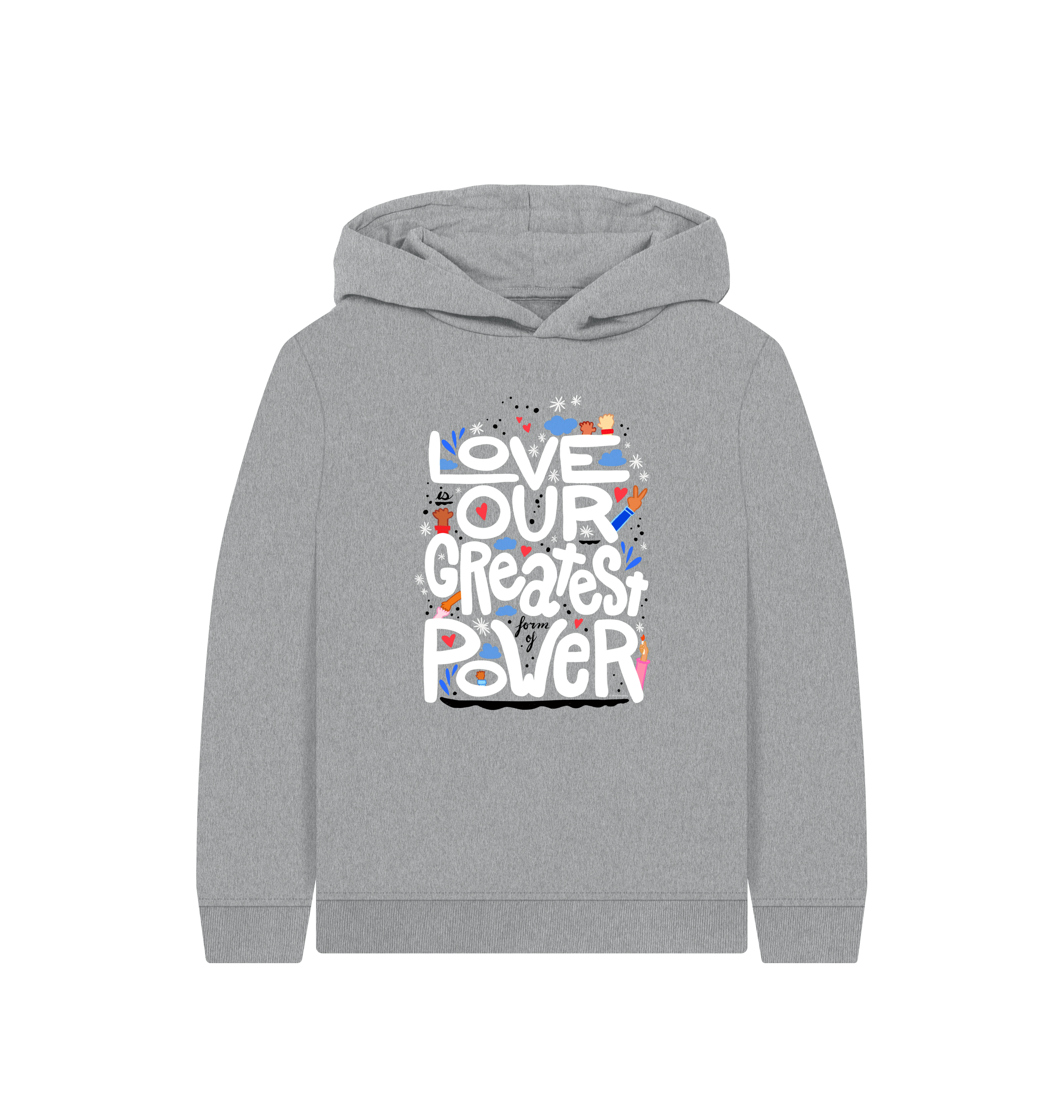 "Love is Our Greatest Form of Power" Organic Eco Hoodie (Kids - White Text - Assorted Confetti Colors)