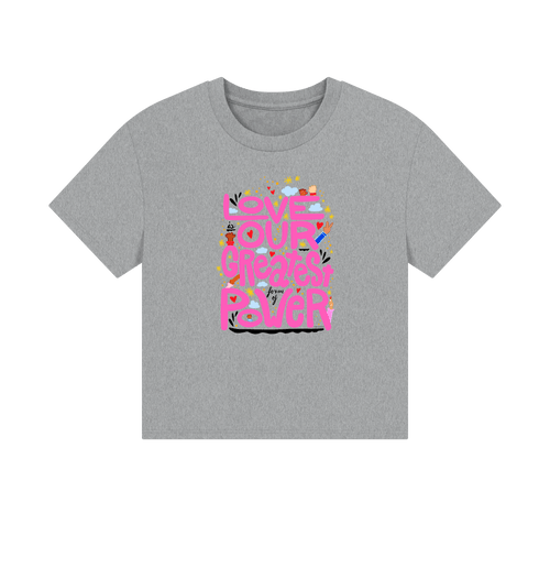 "Love is Our Greatest Form of Power" Organic Cotton Eco Boxy T-Shirt (Adult - Pink Text - Assorted Light Colors)