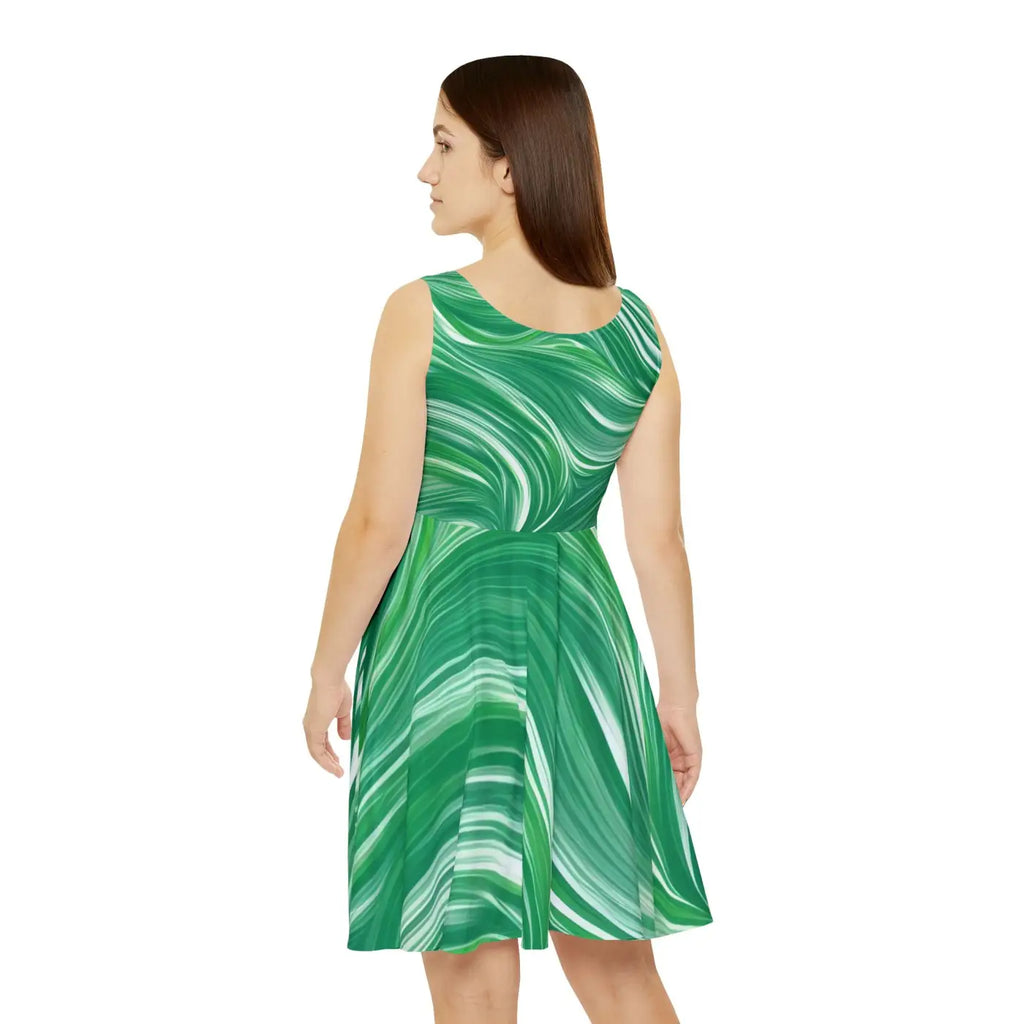 Green Wavy Pattern Skater Dress – Eco-friendly - Dipaliz