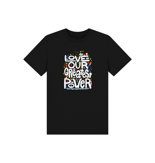 "Love is Our Greatest Form of Power" Organic Eco T-Shirt (Kids - White Text - Assorted Dark Colors)
