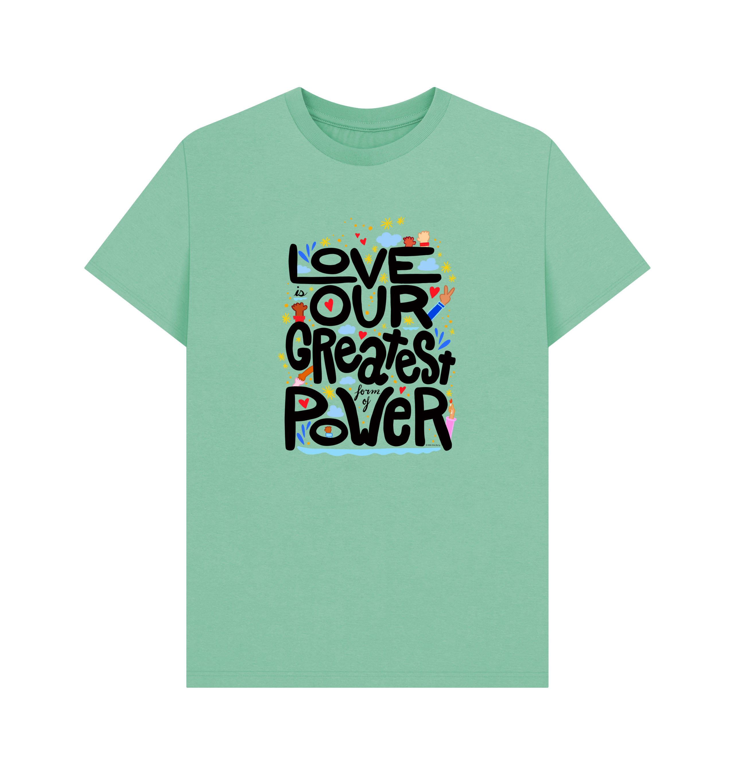 "Love is Our Greatest Form of Power" Organic Cotton Eco T-Shirt (Adult - Black Text - Assorted Light Colors)