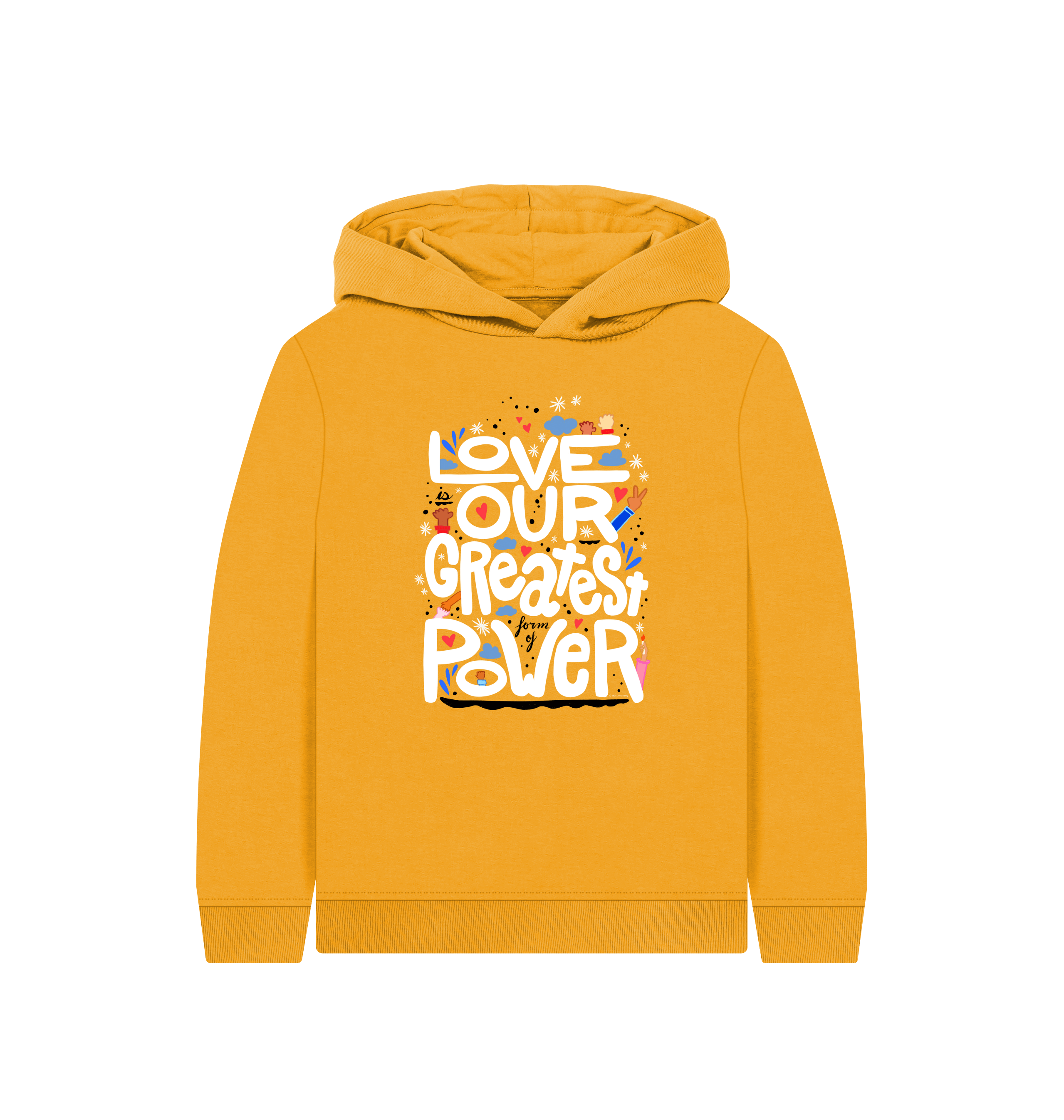 "Love is Our Greatest Form of Power" Organic Eco Hoodie (Kids - White Text - Assorted Confetti Colors)