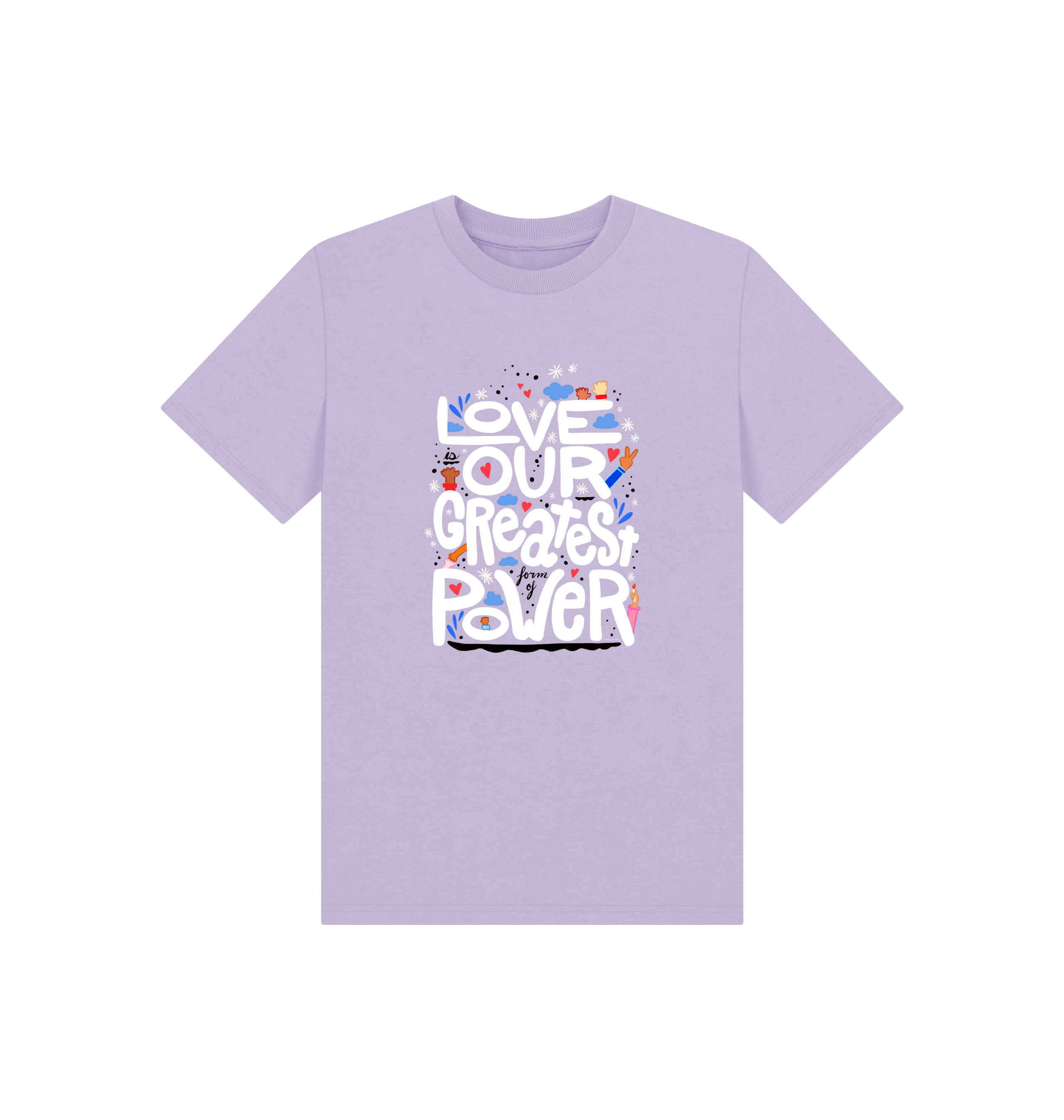 "Love is Our Greatest Form of Power" Organic Eco T-Shirt (Kids - White Text - Assorted Confetti Colors)