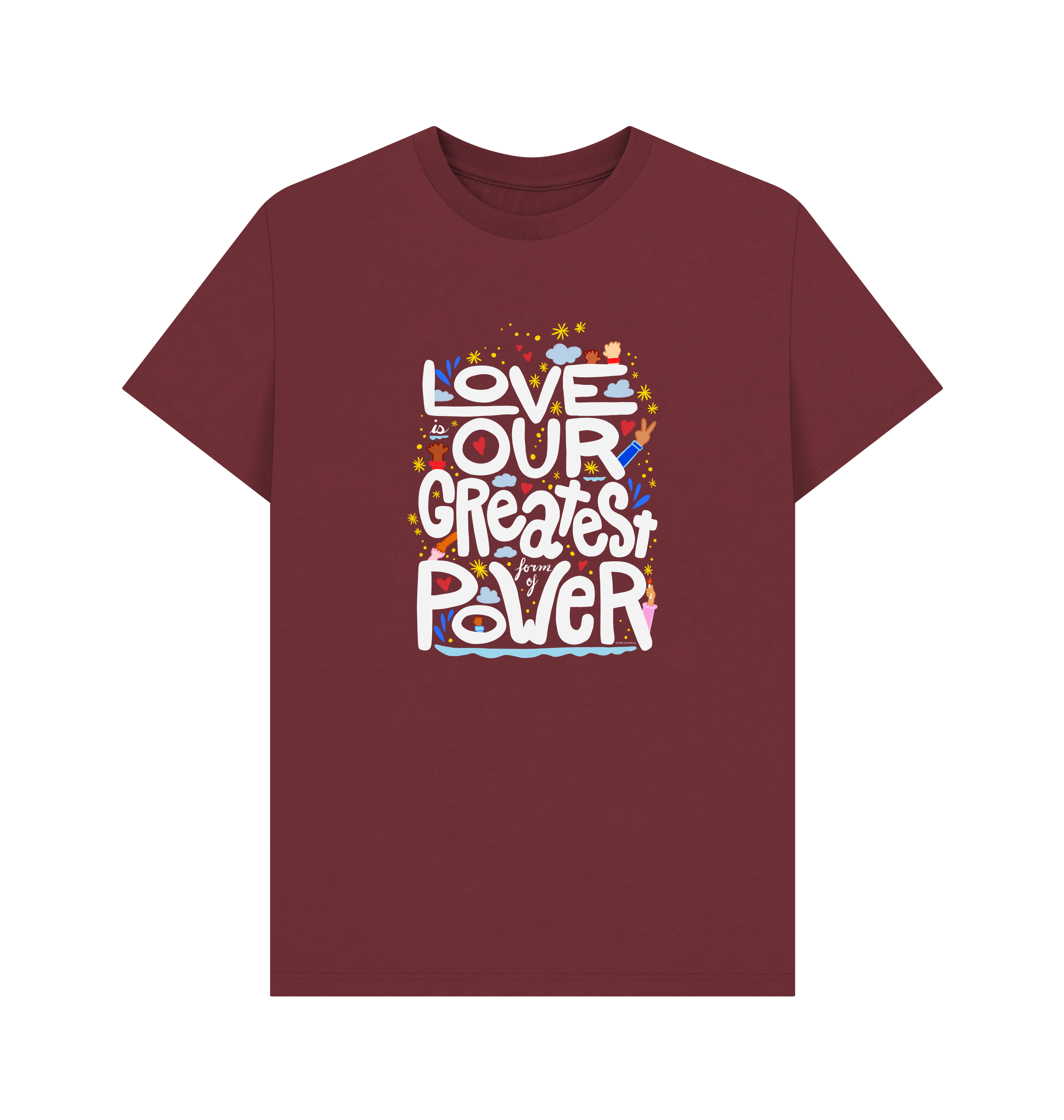 "Love is Our Greatest Form of Power" Organic Cotton Eco T-Shirt (Adult - White Text - Assorted Dark Colors)