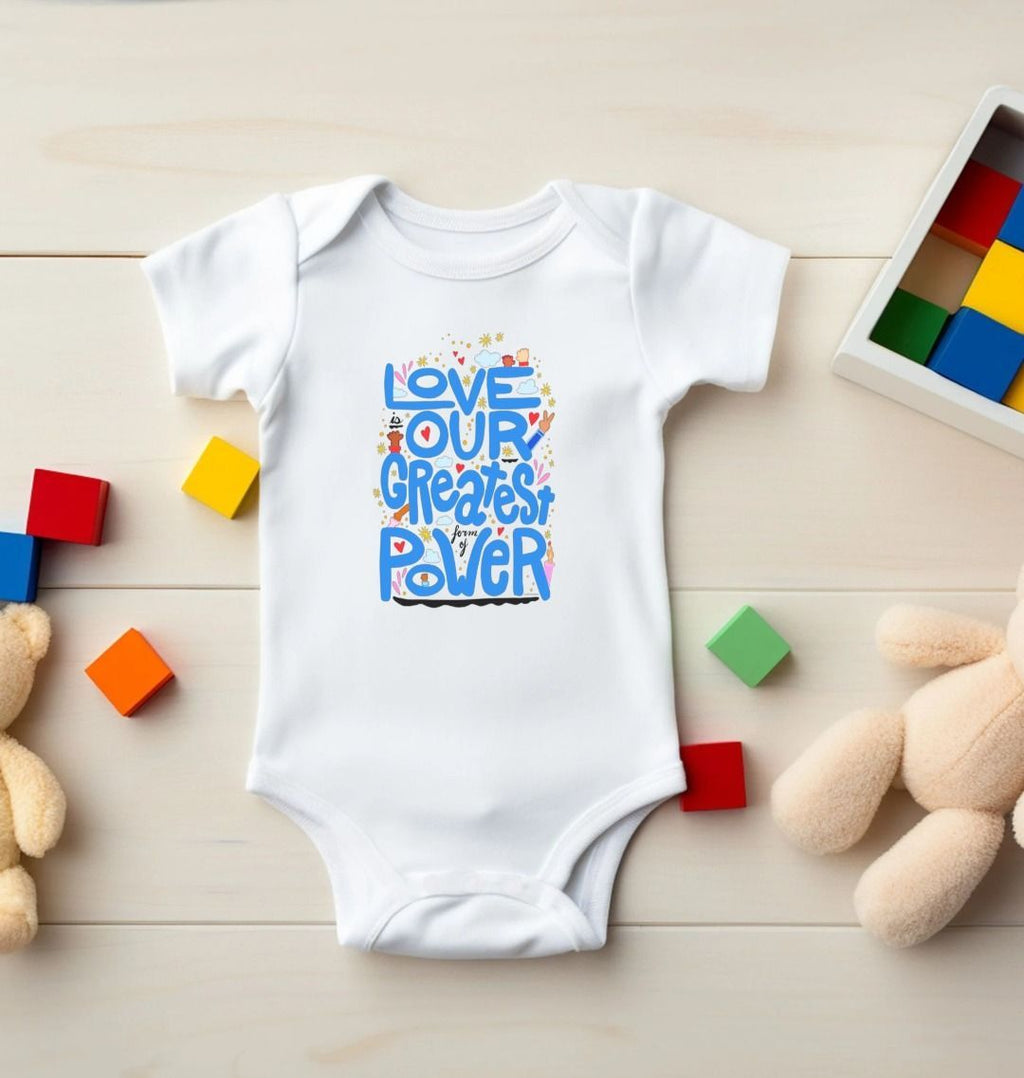 "Love is Our Greatest Form of Power" Organic Onesie (Baby - Blue Text)