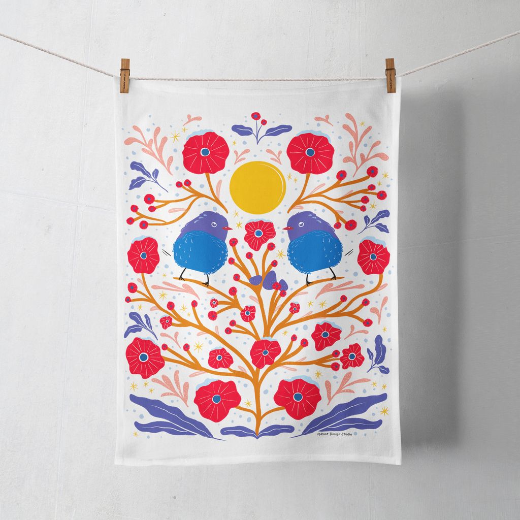 100% Organic Cotton "Fuzzy Birds" Kitchen Tea Towel w. Hand-drawn Fluffy Adorable Blue Birds & Red Flowers (Tea Time/Winter Forest)