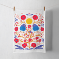 100% Organic Cotton "Fuzzy Birds" Kitchen Tea Towel w. Hand-drawn Fluffy Adorable Blue Birds & Red Flowers (Tea Time/Winter Forest)