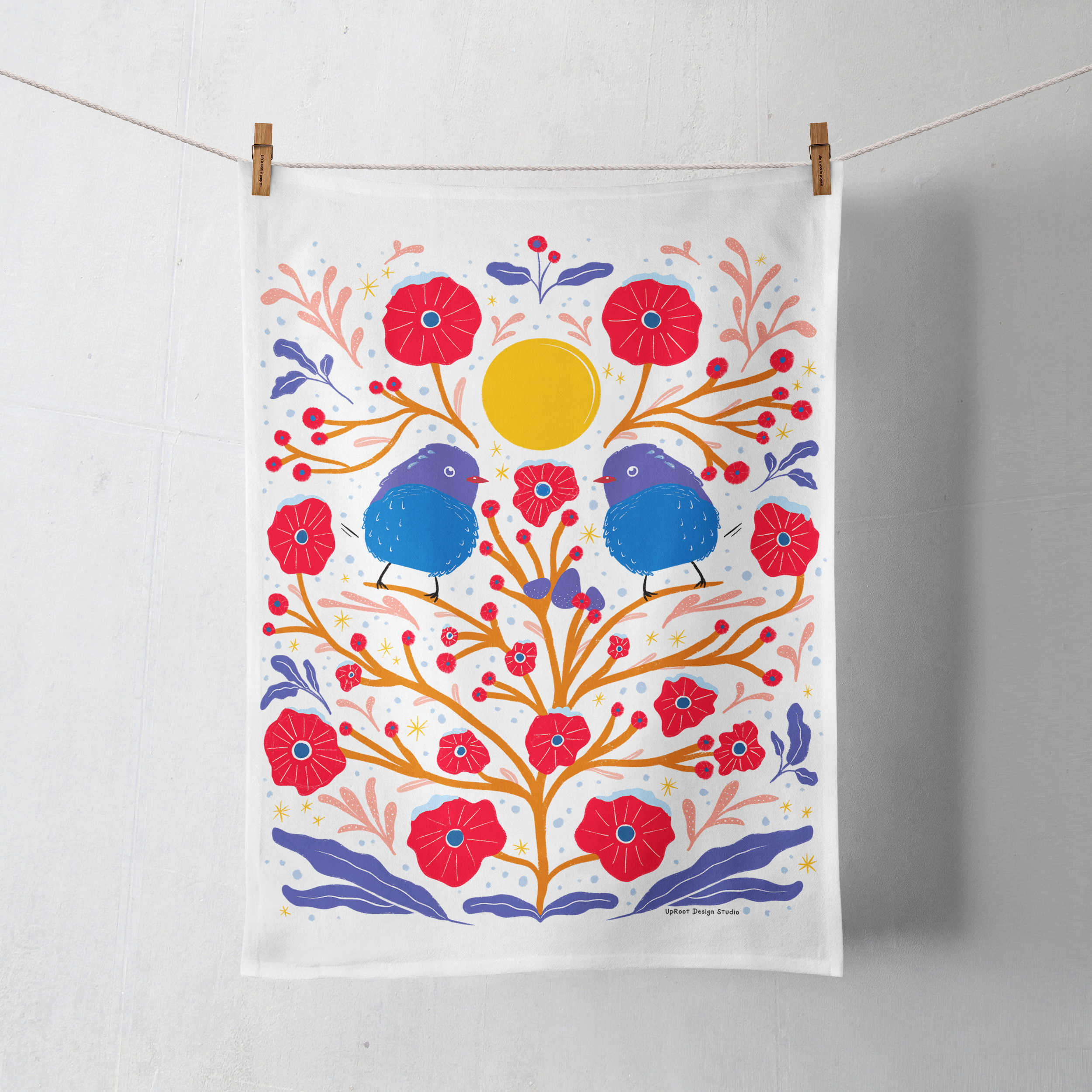 100% Organic Cotton "Fuzzy Birds" Kitchen Tea Towel w. Hand-drawn Fluffy Adorable Blue Birds & Red Flowers (Tea Time/Winter Forest)