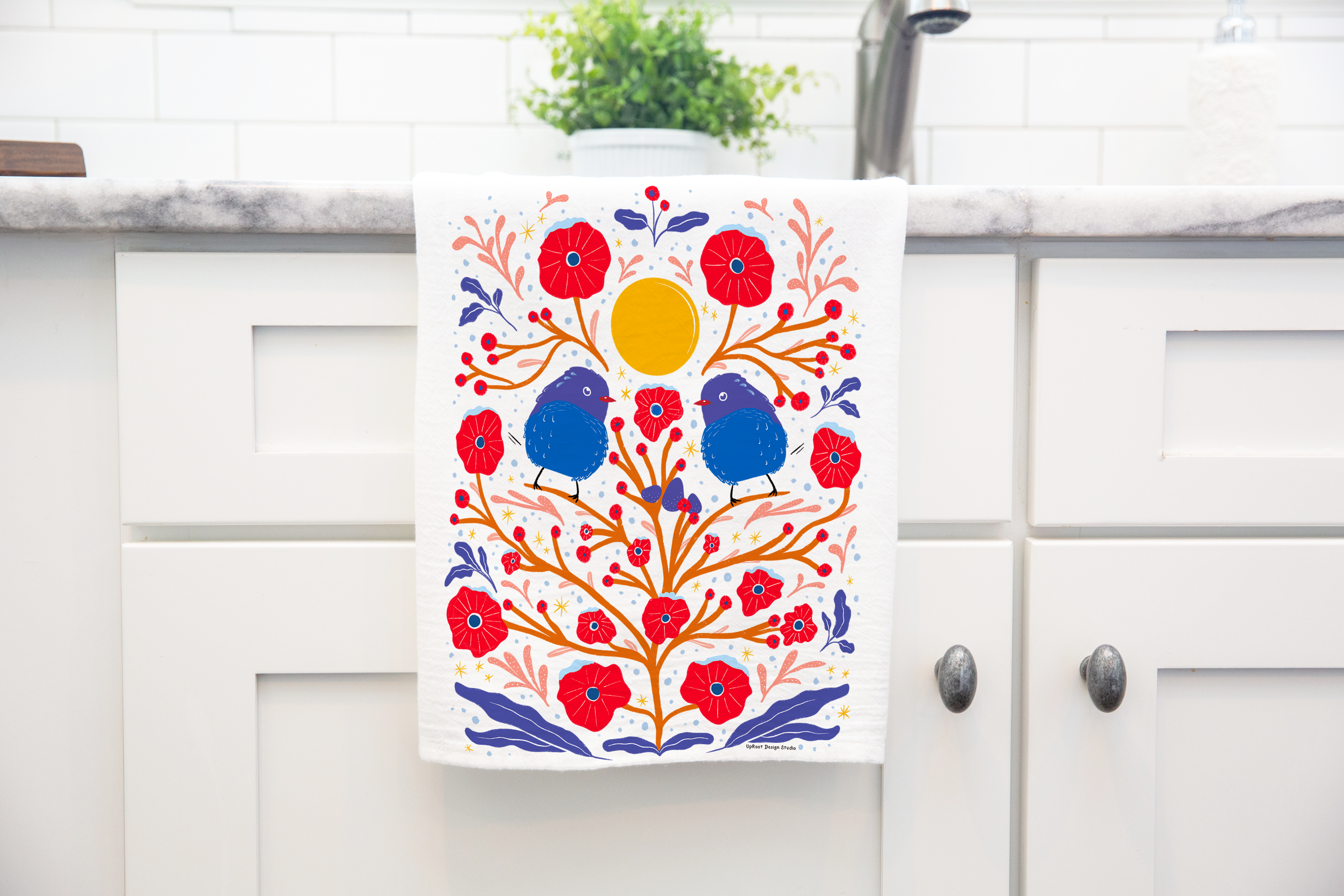 100% Organic Cotton "Fuzzy Birds" Kitchen Tea Towel w. Hand-drawn Fluffy Adorable Blue Birds & Red Flowers (Tea Time/Winter Forest)