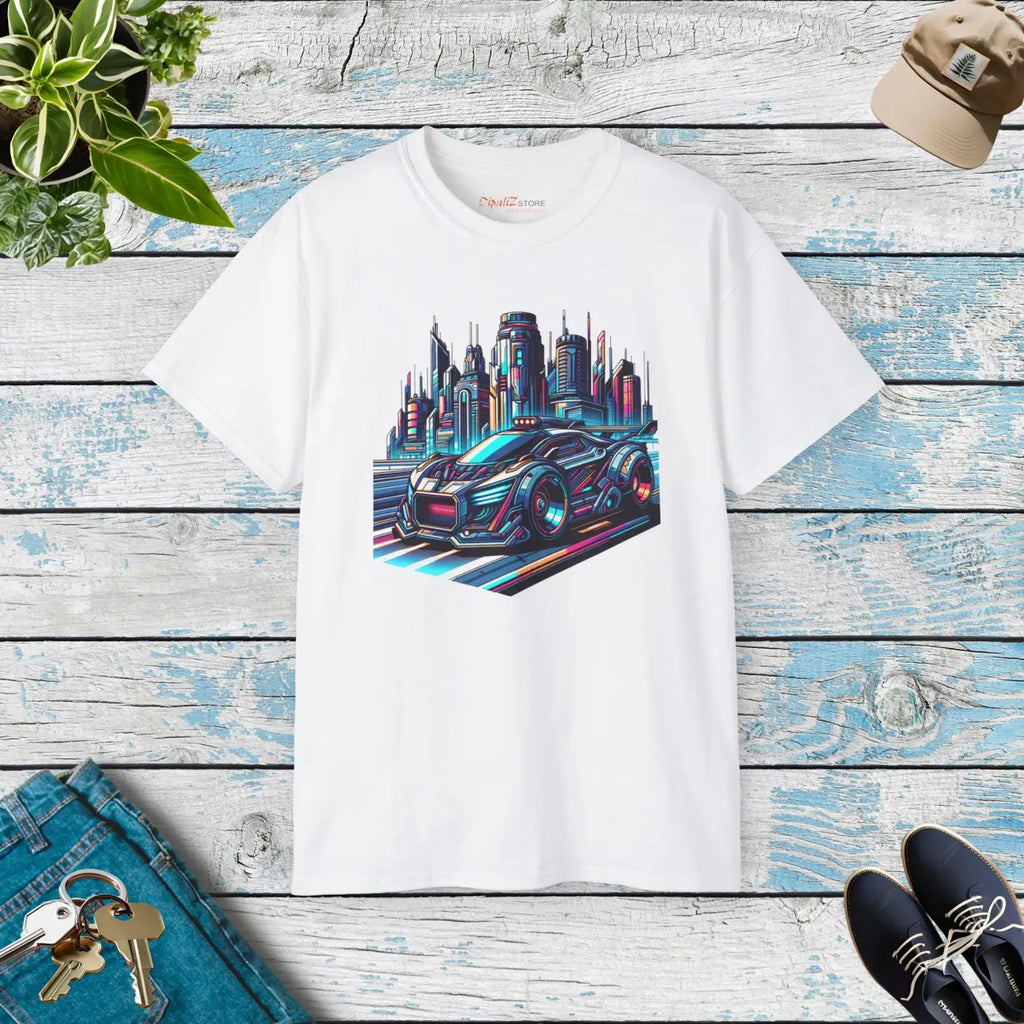 Car in Futuristic City Cotton Tee – Eco-friendly - Dipaliz