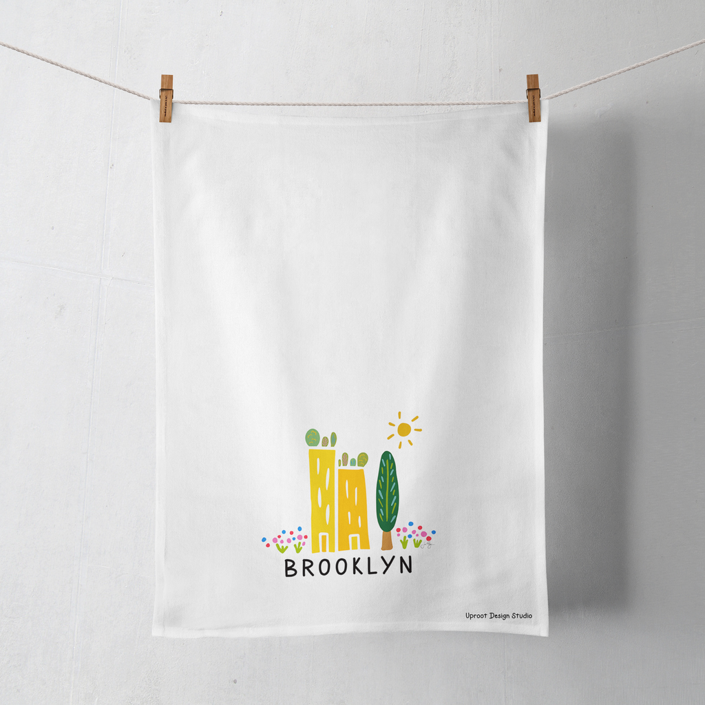 100% Organic Cotton "Green Cities - Brooklyn" Kitchen Tea Towel w. Hand-drawn Adorable Art (Tea Time/Grow & Bloom)