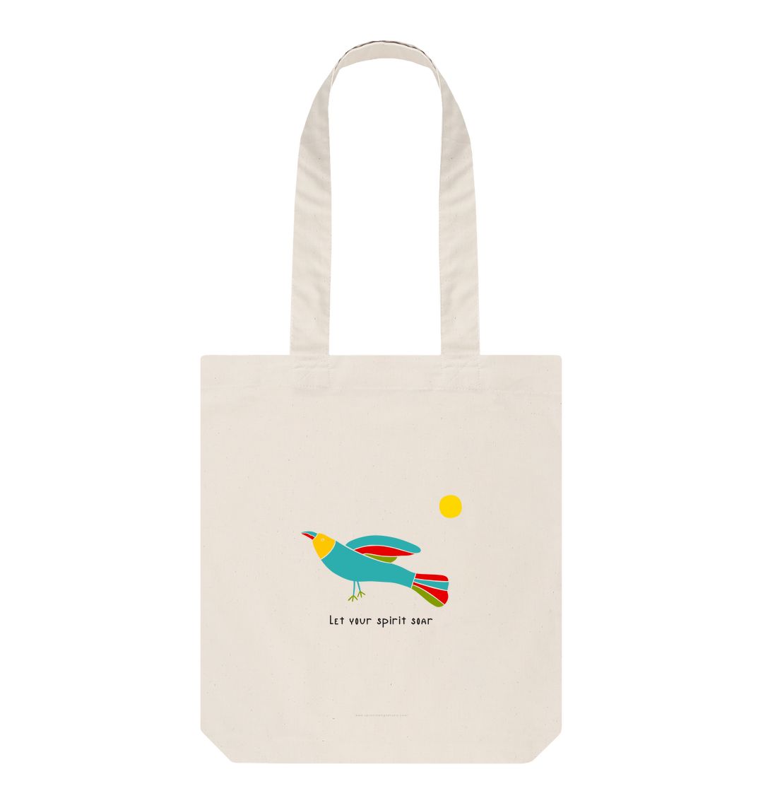 "Let Your Spirit Soar" Tote Bag with Colorful Folk Art Bird & Sun
