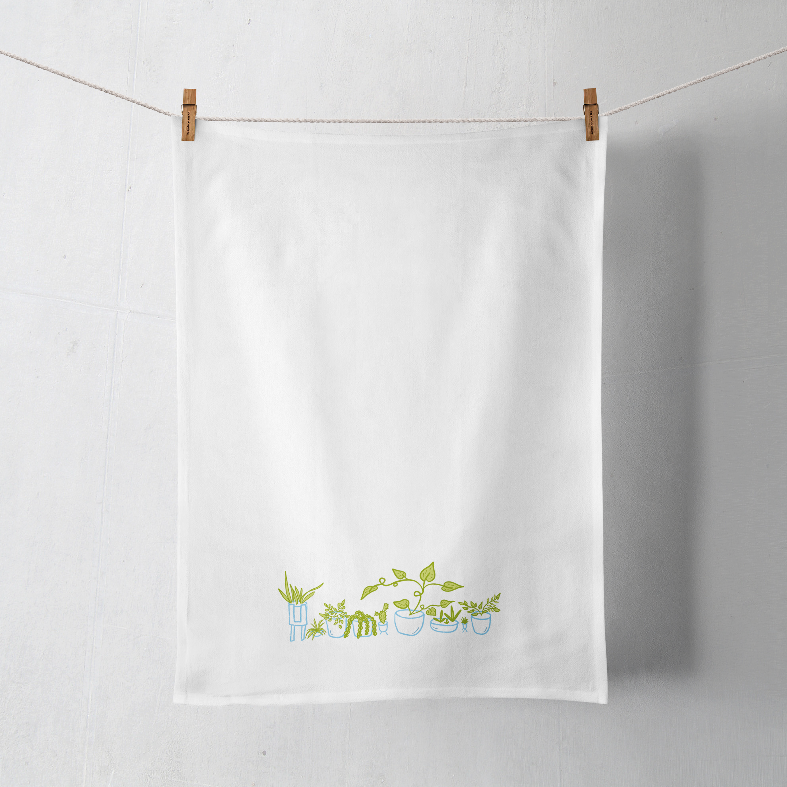 100% Organic Cotton "Whimsical Houseplants" Kitchen Tea Towel w. Hand-drawn Adorable Potted Plant Art (Tea Time/Plant Parenthood)