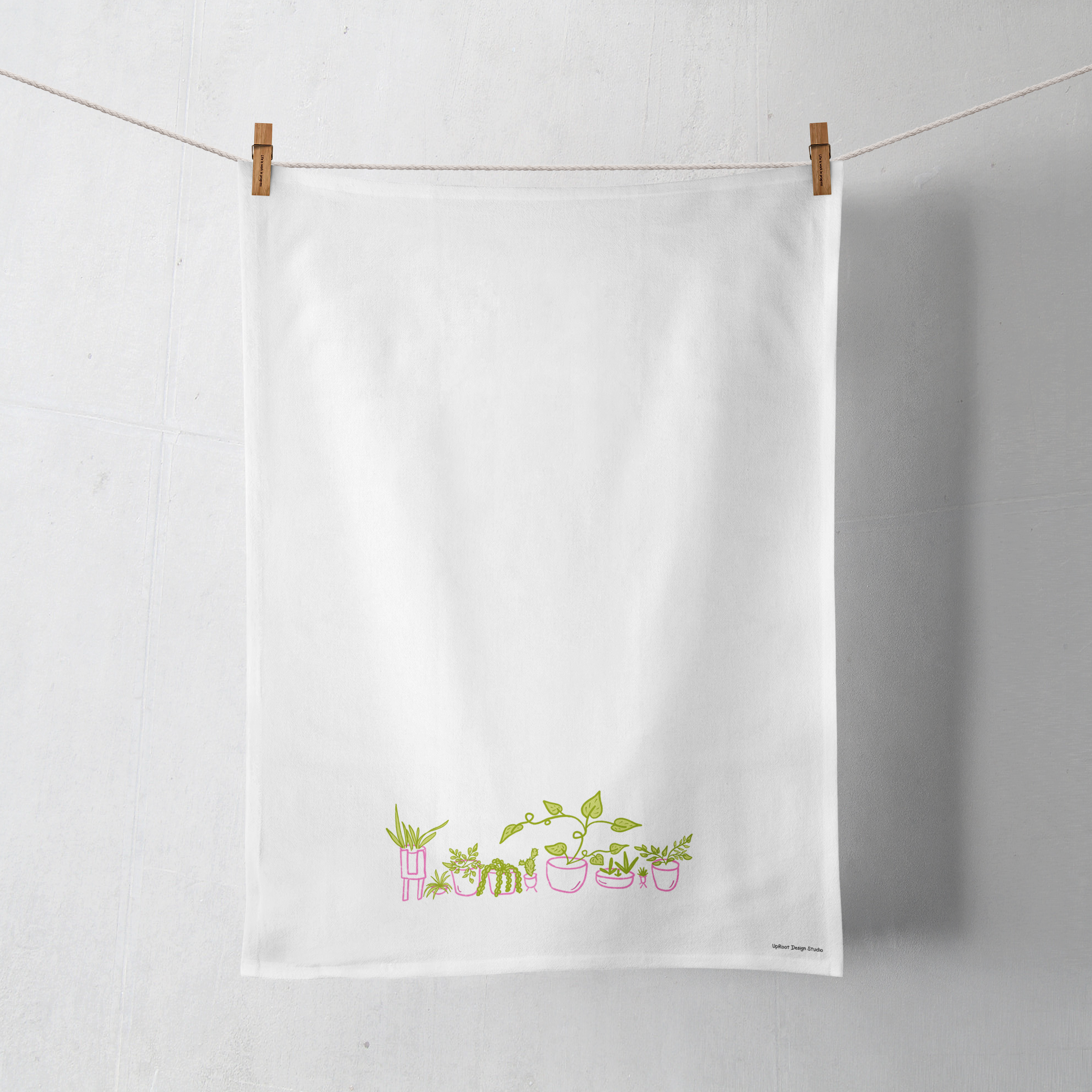 100% Organic Cotton "Whimsical Houseplants" Kitchen Tea Towel w. Hand-drawn Adorable Potted Plant Art (Tea Time/Plant Parenthood)