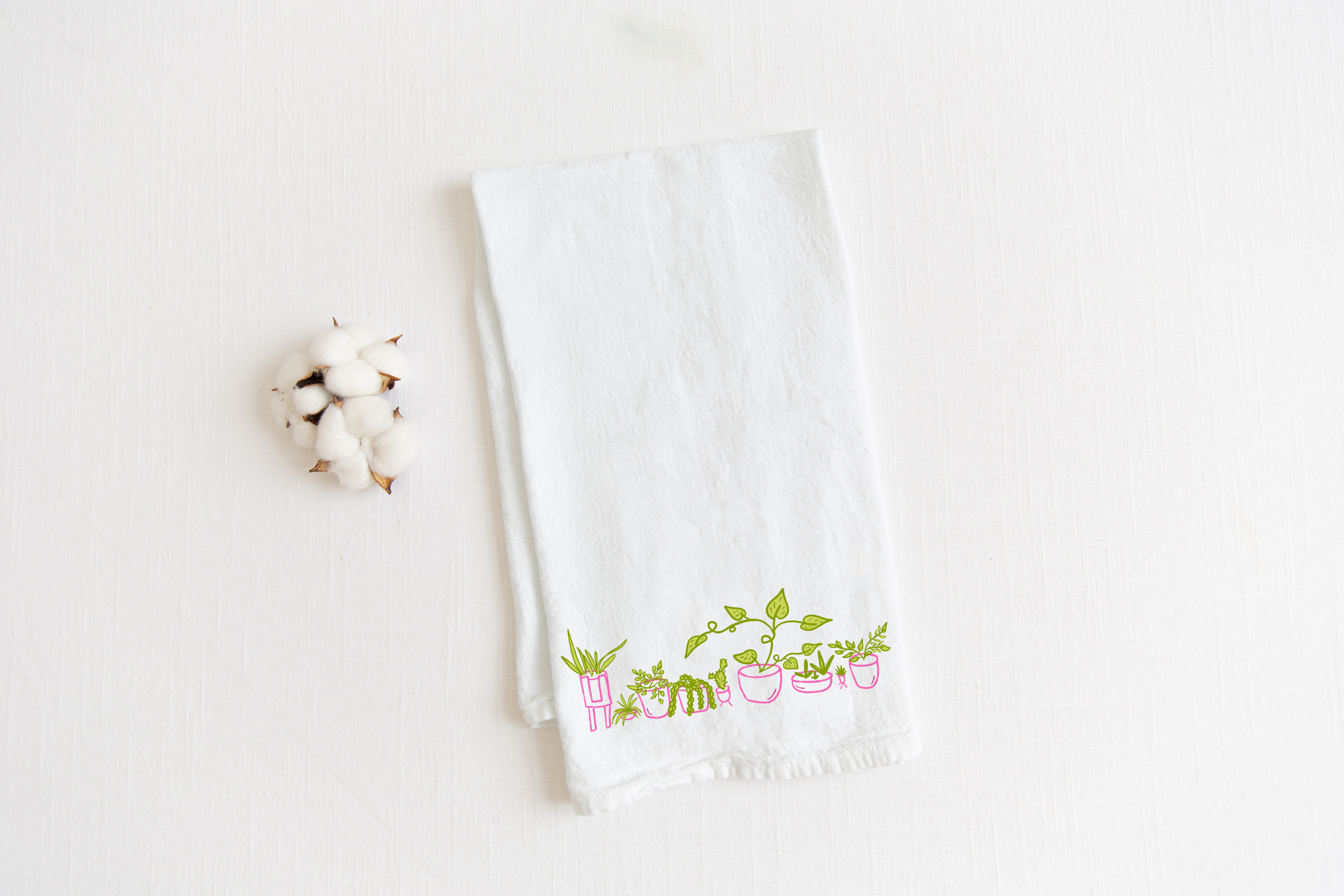 100% Organic Cotton "Whimsical Houseplants" Kitchen Tea Towel w. Hand-drawn Adorable Potted Plant Art (Tea Time/Plant Parenthood)