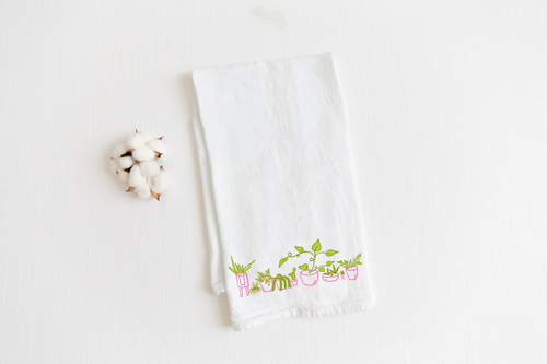 100% Organic Cotton "Whimsical Houseplants" Kitchen Tea Towel w. Hand-drawn Adorable Potted Plant Art (Tea Time/Plant Parenthood)