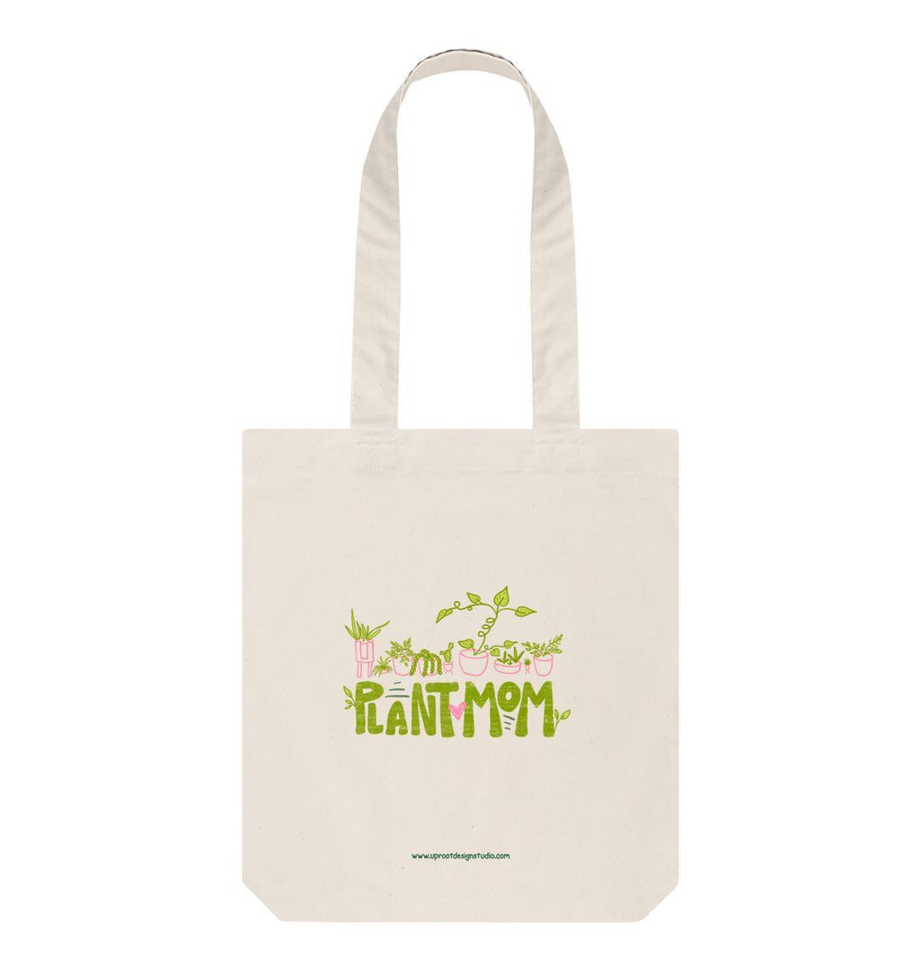 "Plant Mom" Hand-Lettered Sustainable Tote with Hand-Drawn Whimsical Houseplants (100% Organic Cotton)