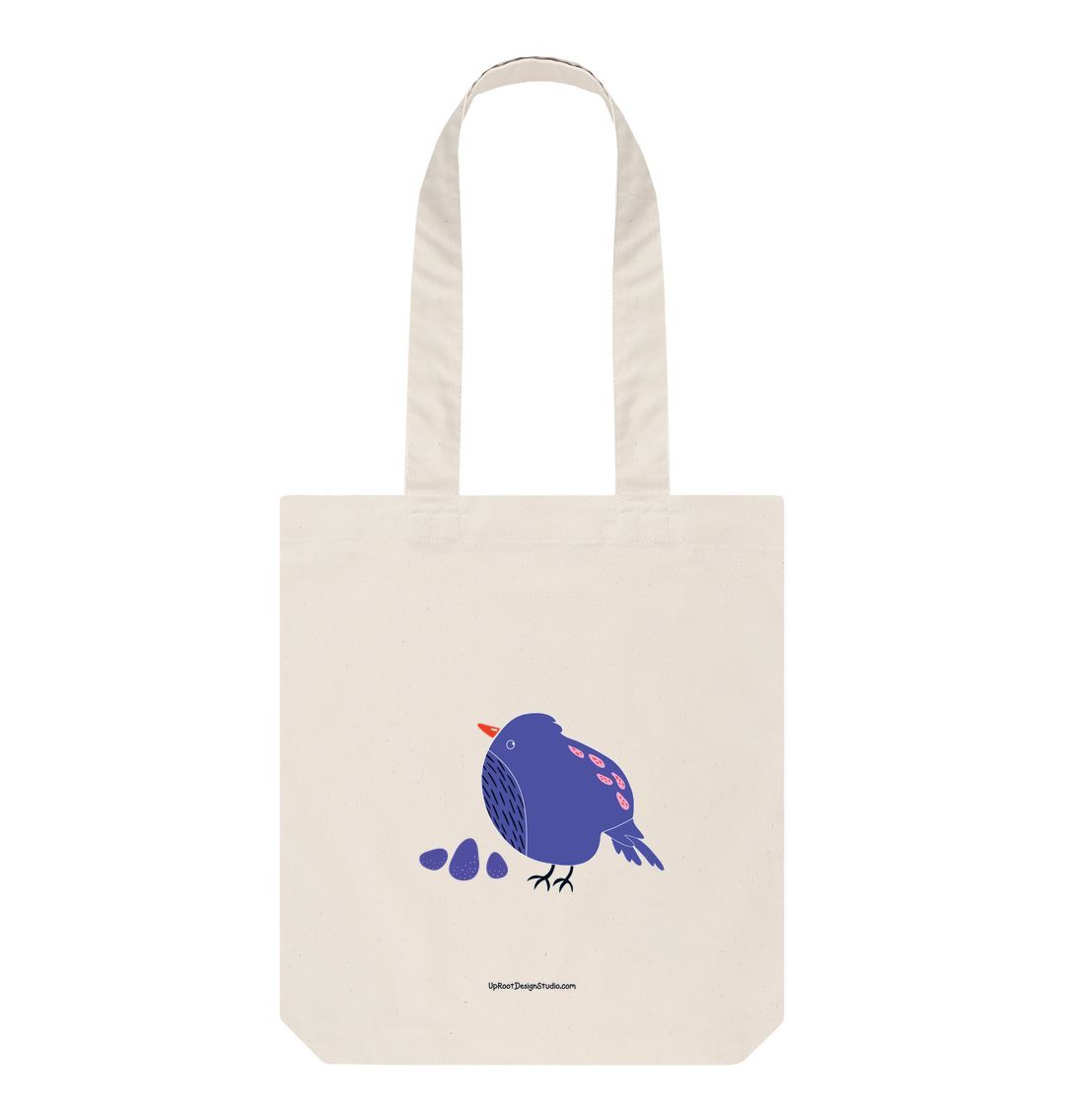 Blue Pouf Bird 100% Organic Cotton Grocery Tote Bag w. Adorable Detailed Hand-Drawn Bird & Eggs
