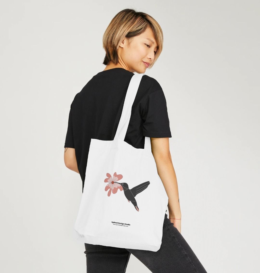 100% Organic Cotton Tote Bag - Nordic Hummingbird with Hibiscus Flower