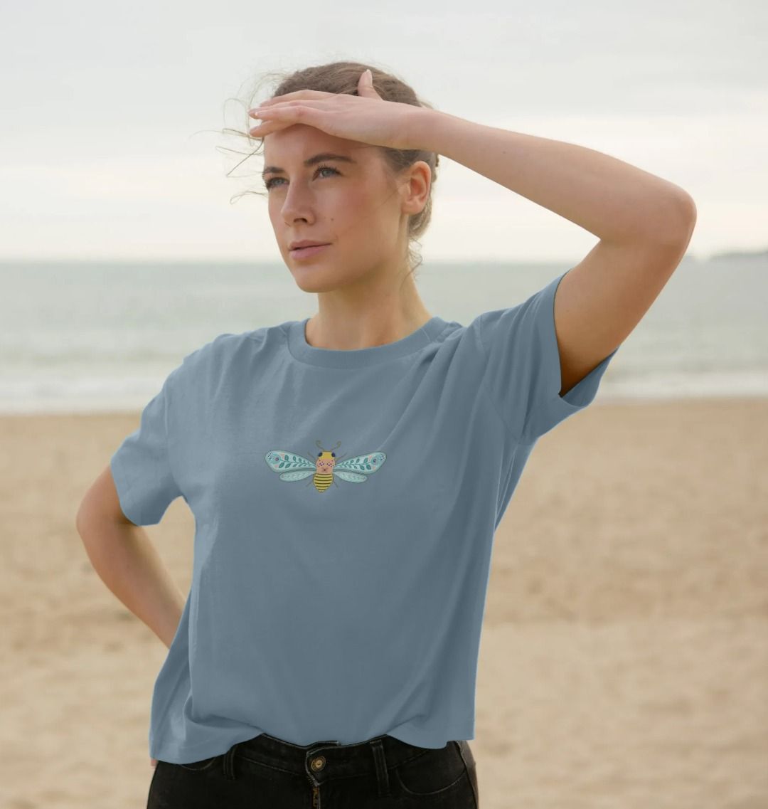 Boxy Bee T-Shirt (Adult - Gray, White & Dusty Blue)