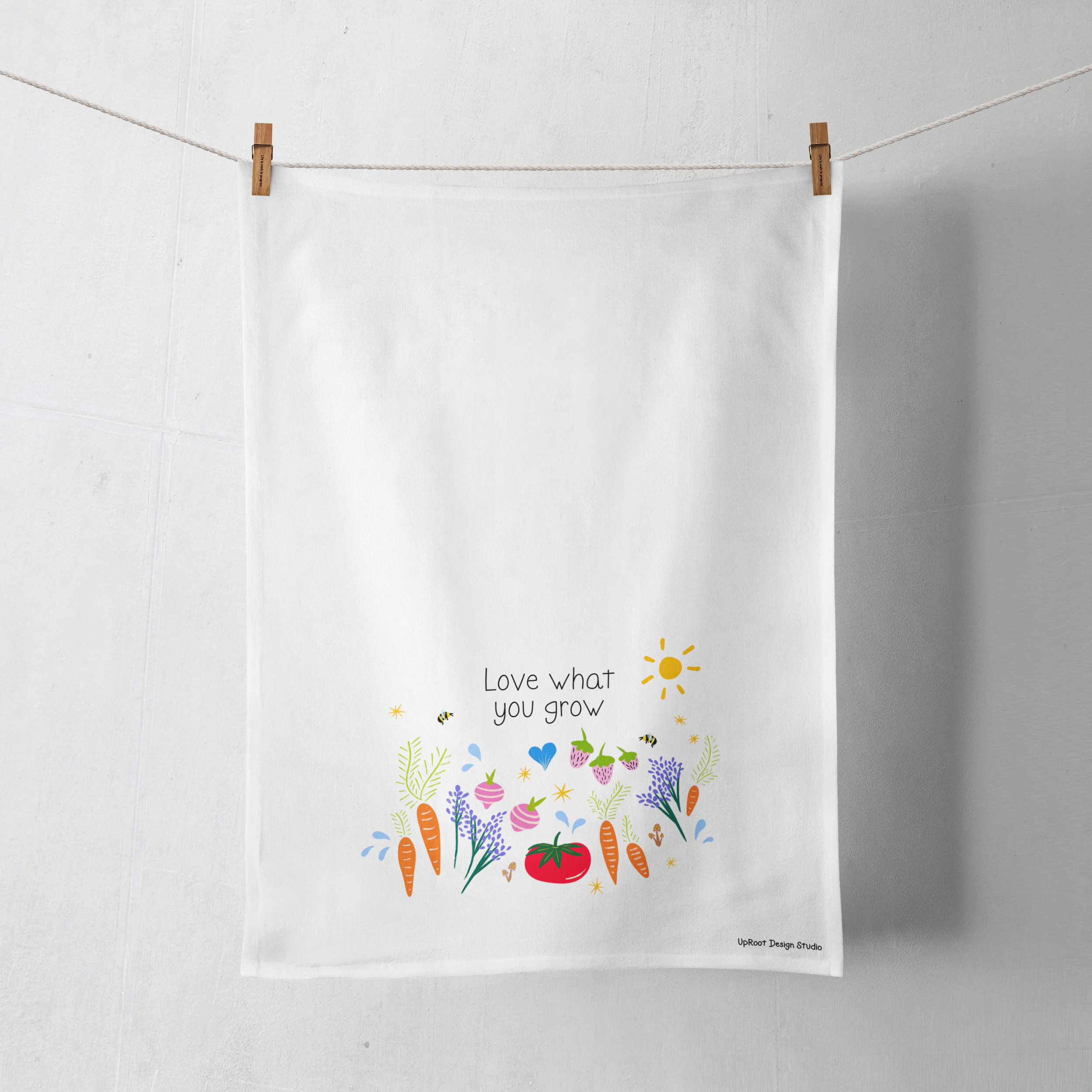 100% Organic Cotton "Garden Party" Kitchen Tea Towel w. Hand-drawn Adorable Vegetables, Fruit & Bees (Tea Time/Grow & Bloom)