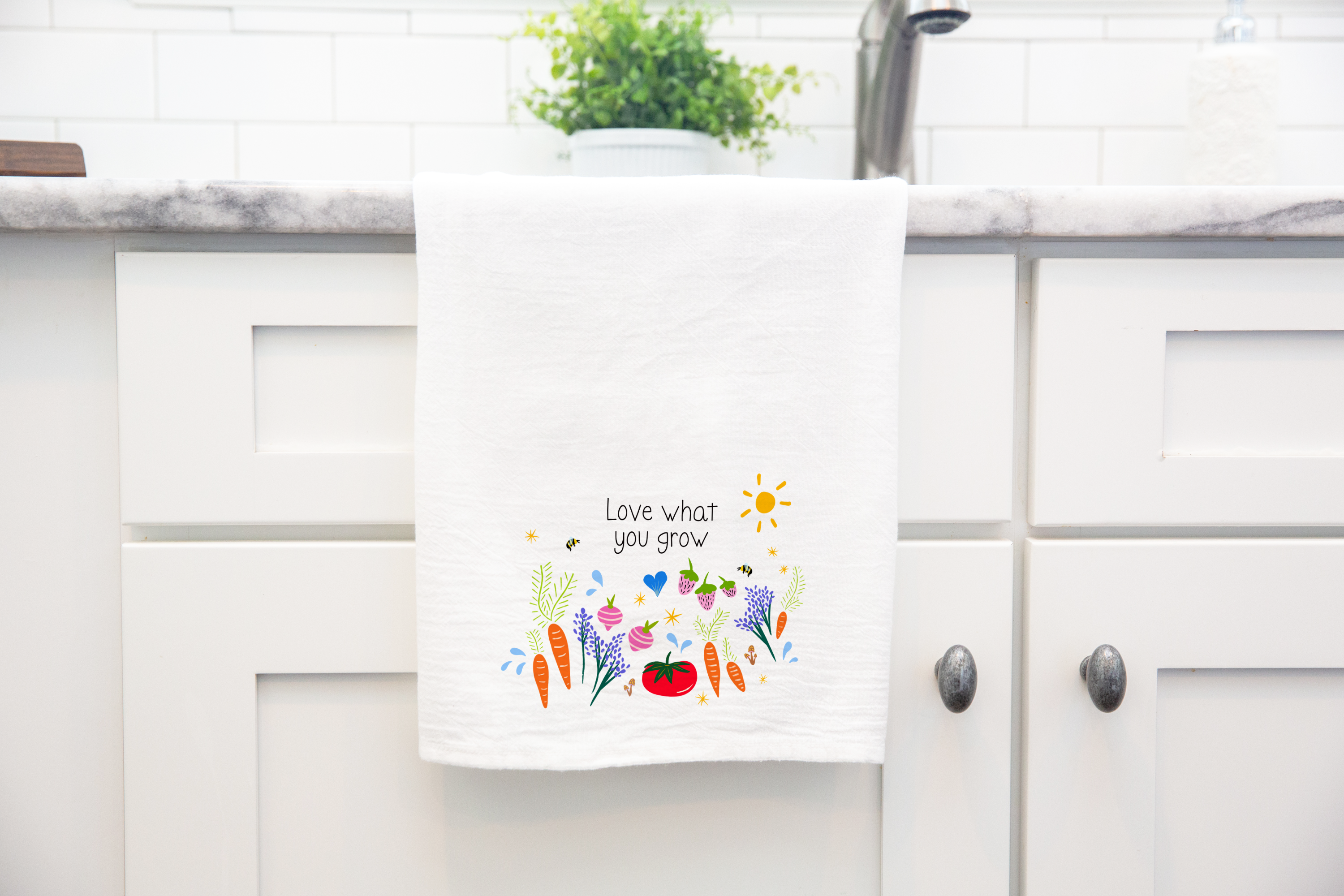 100% Organic Cotton "Garden Party" Kitchen Tea Towel w. Hand-drawn Adorable Vegetables, Fruit & Bees (Tea Time/Grow & Bloom)