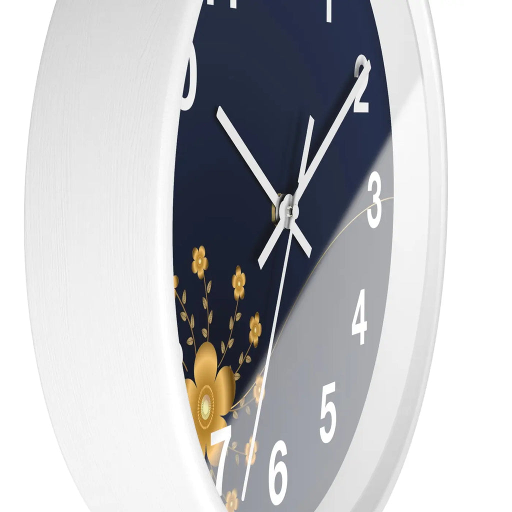 Navy Floral Wall Clock – Gold Blossom Decorative - Dipaliz