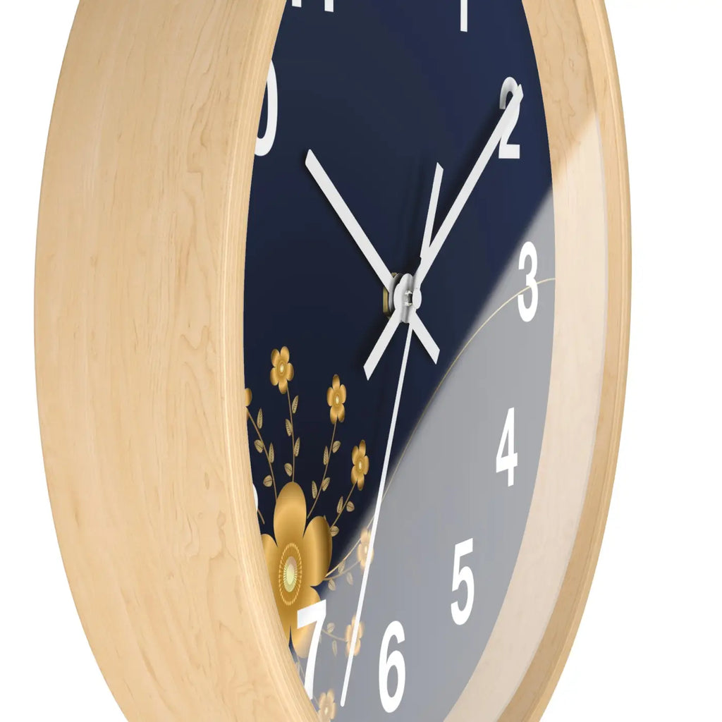 Navy Floral Wall Clock – Gold Blossom Decorative - Dipaliz