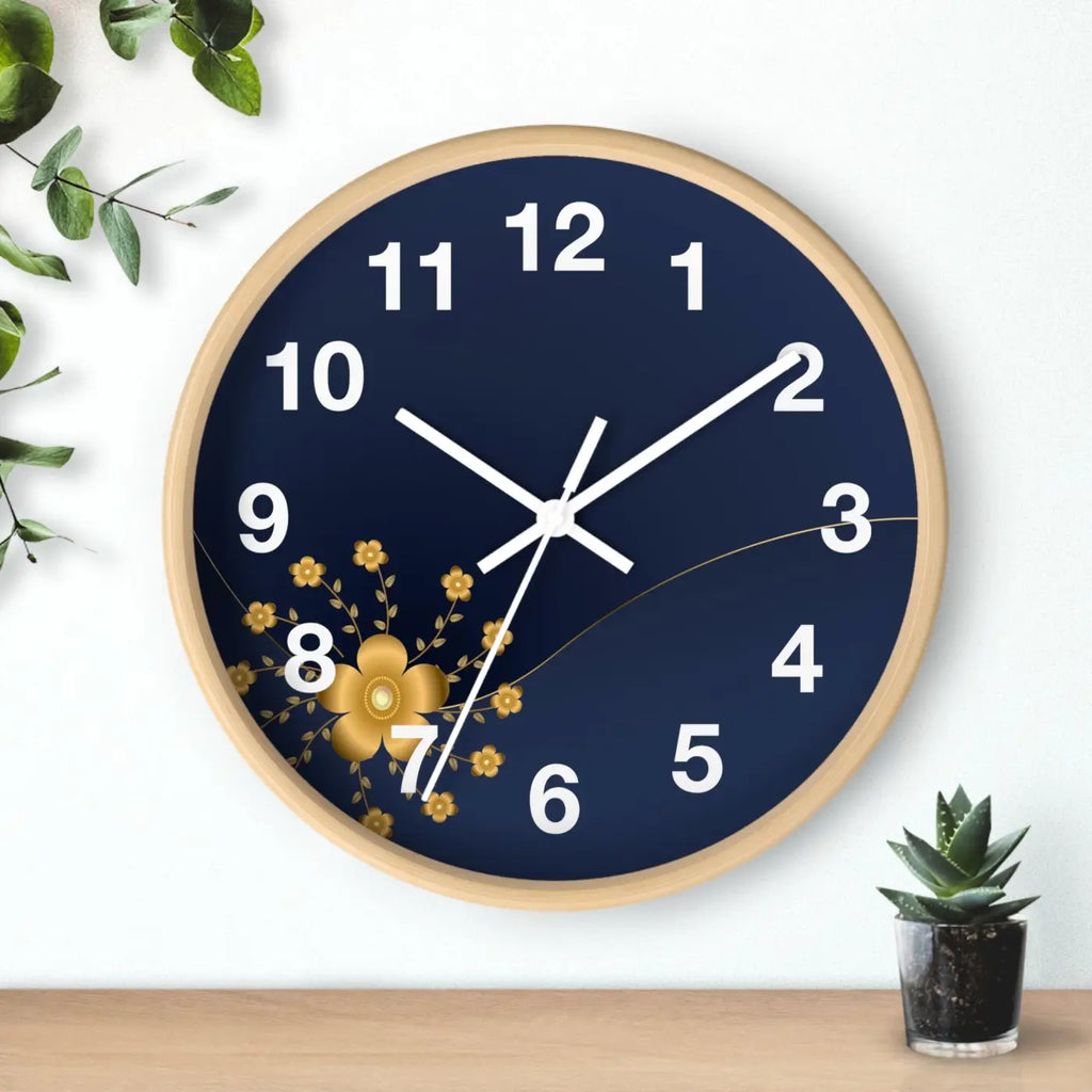 Navy Floral Wall Clock – Gold Blossom Decorative - Dipaliz