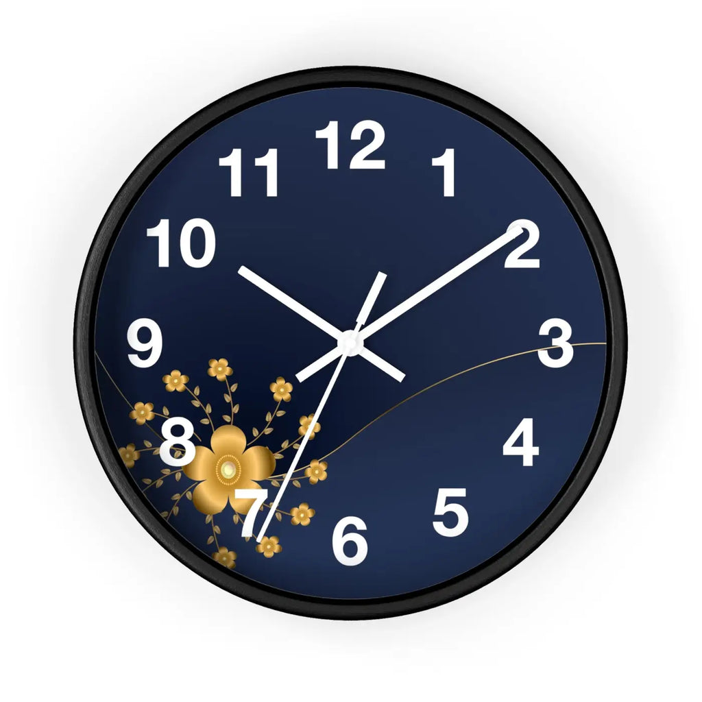 Navy Floral Wall Clock – Gold Blossom Decorative - Dipaliz