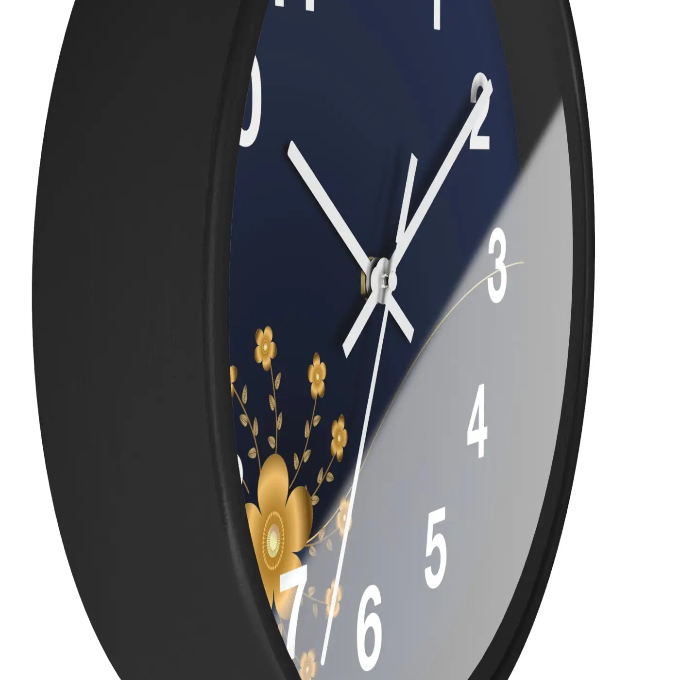 Navy Floral Wall Clock – Gold Blossom Decorative - Dipaliz