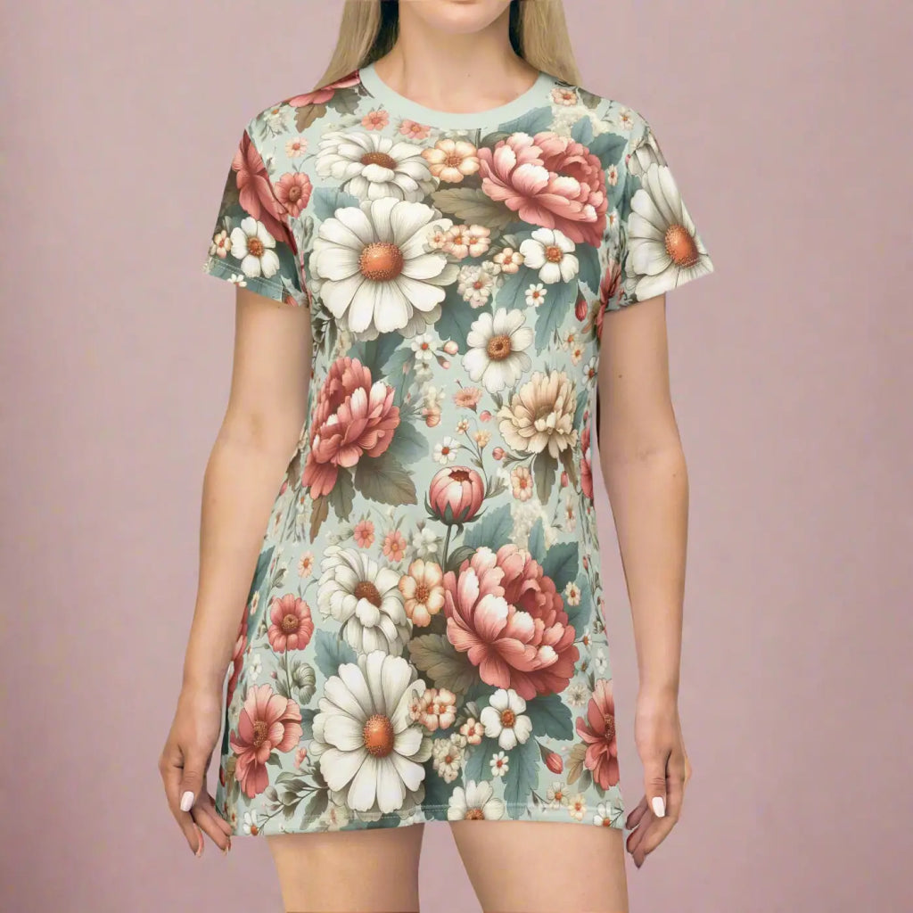 White Flowers T-shirt Dress – Eco-friendly - Dipaliz