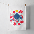 100% Organic Cotton "Bird in the Bush" Kitchen Tea Towel w. Hand-drawn Adorable Blue Bird & Red Flowers (Tea Time/Winter Dreaming)