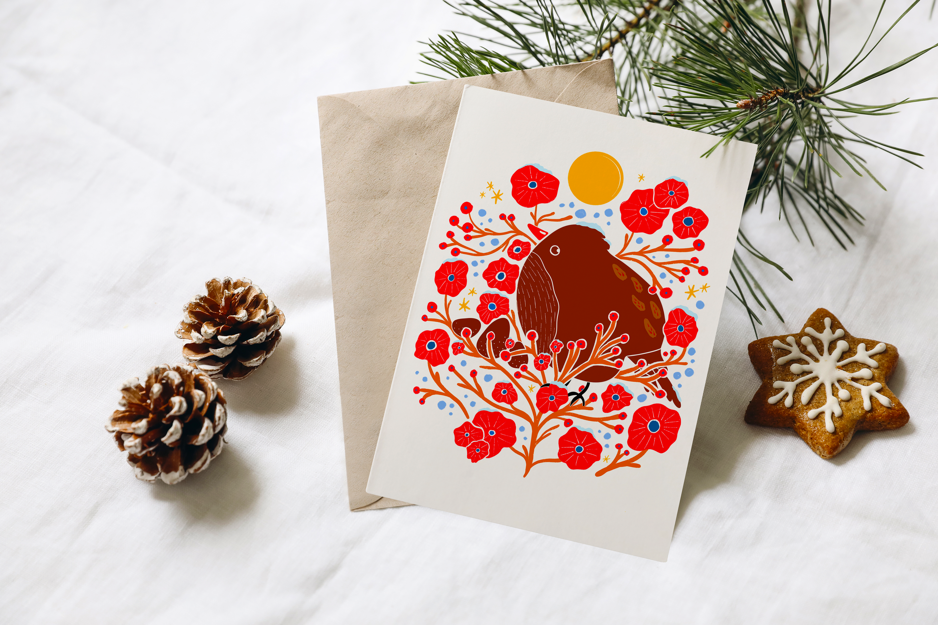 "Holiday Bird in the Bush" Greeting Cards + Matching Envelope - Assorted (Winter Wishes / Words of Love)