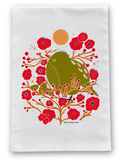 100% Organic Cotton "Holiday Bird in the Bush" Kitchen Tea Towel w. Hand-drawn Adorable Bird & Red Flowers (Tea Time/Winter Dreaming)